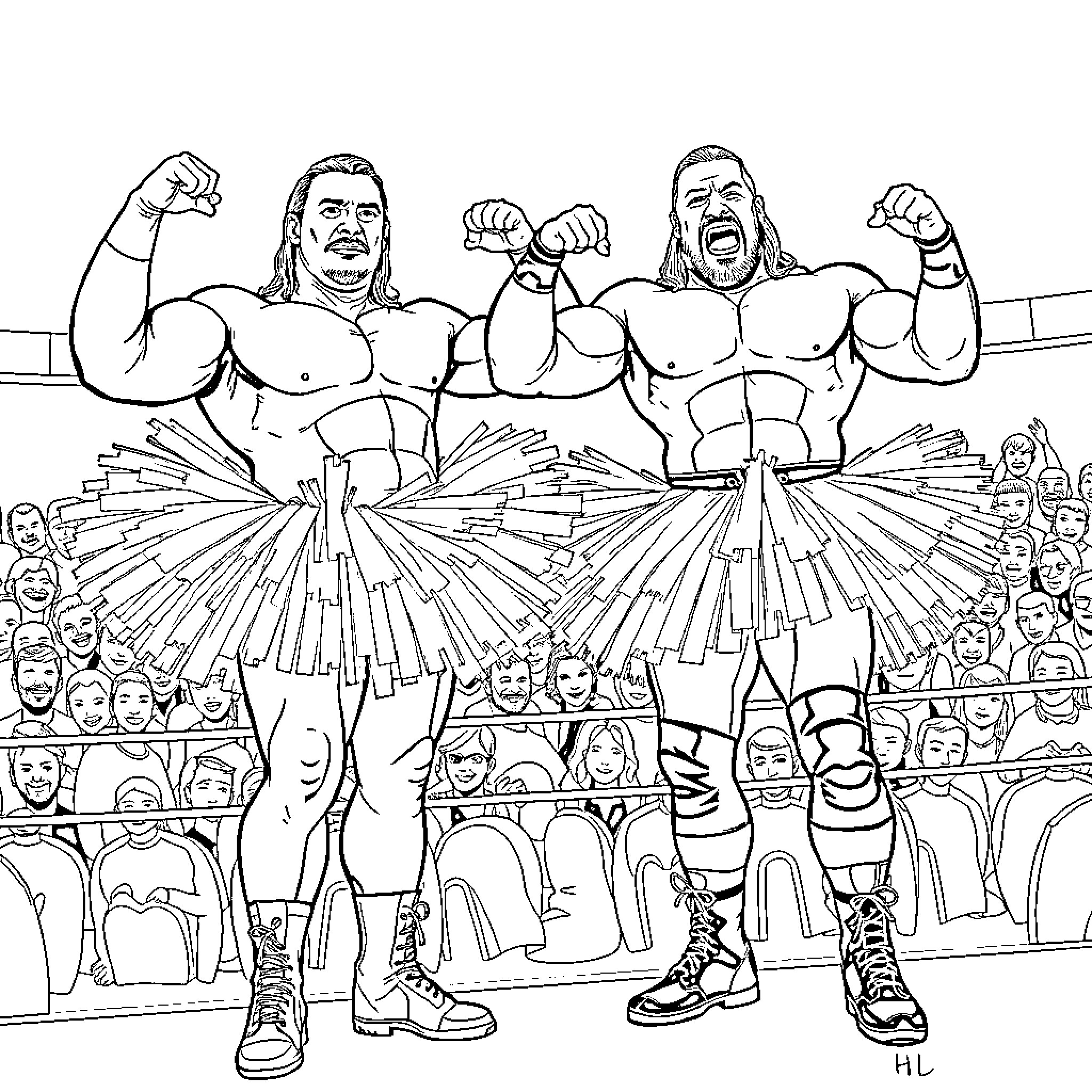 Triple H's Triumphant Wrestling Match Coloring Page (free black-and-white line drawing printable PDF for all, from beginners to advanced learners, including children, teens, adults, and seniors)