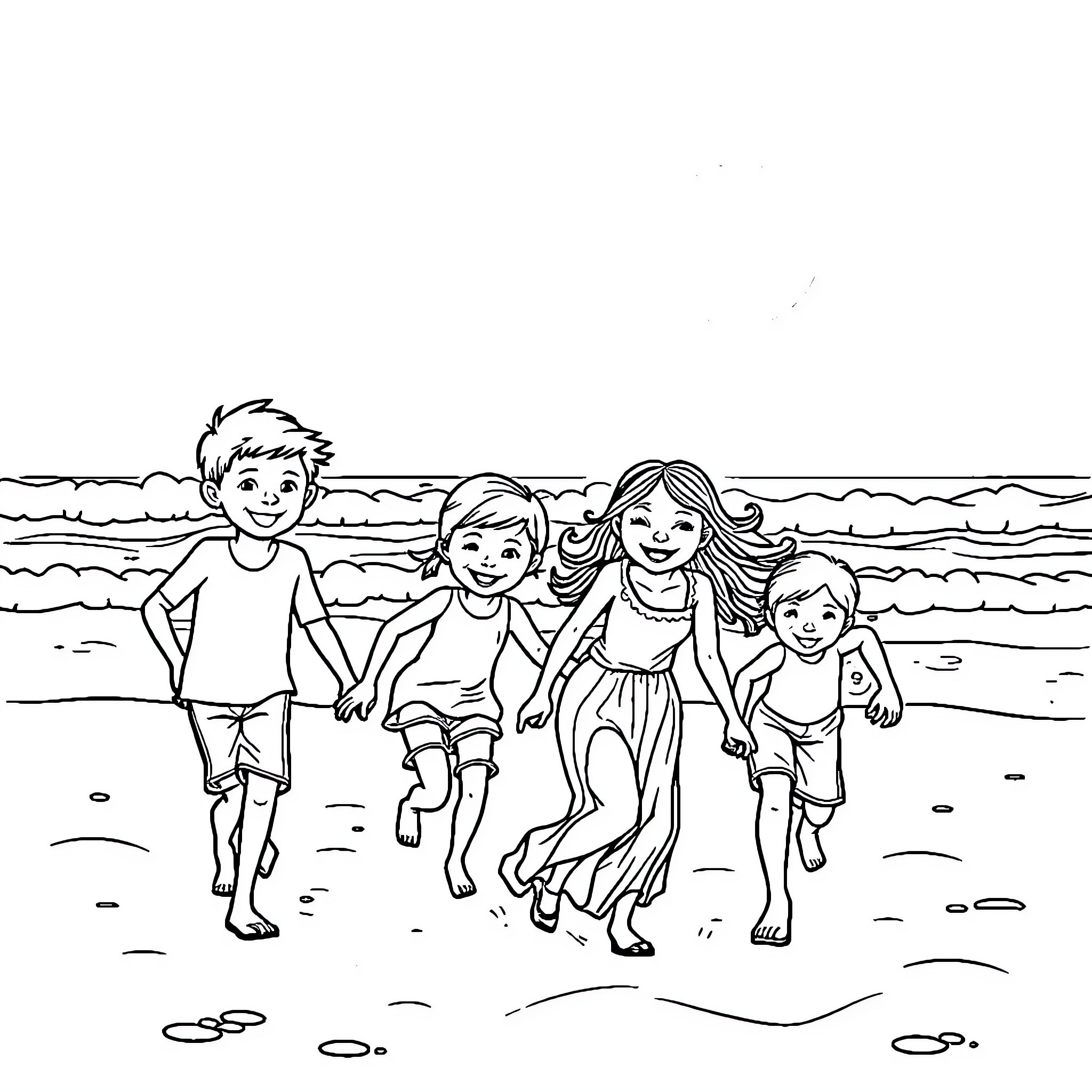 Family enjoying a day at the beach Coloring Page (free black-and-white line drawing printable PDF for all, from beginners to advanced learners, including children, teens, adults, and seniors)