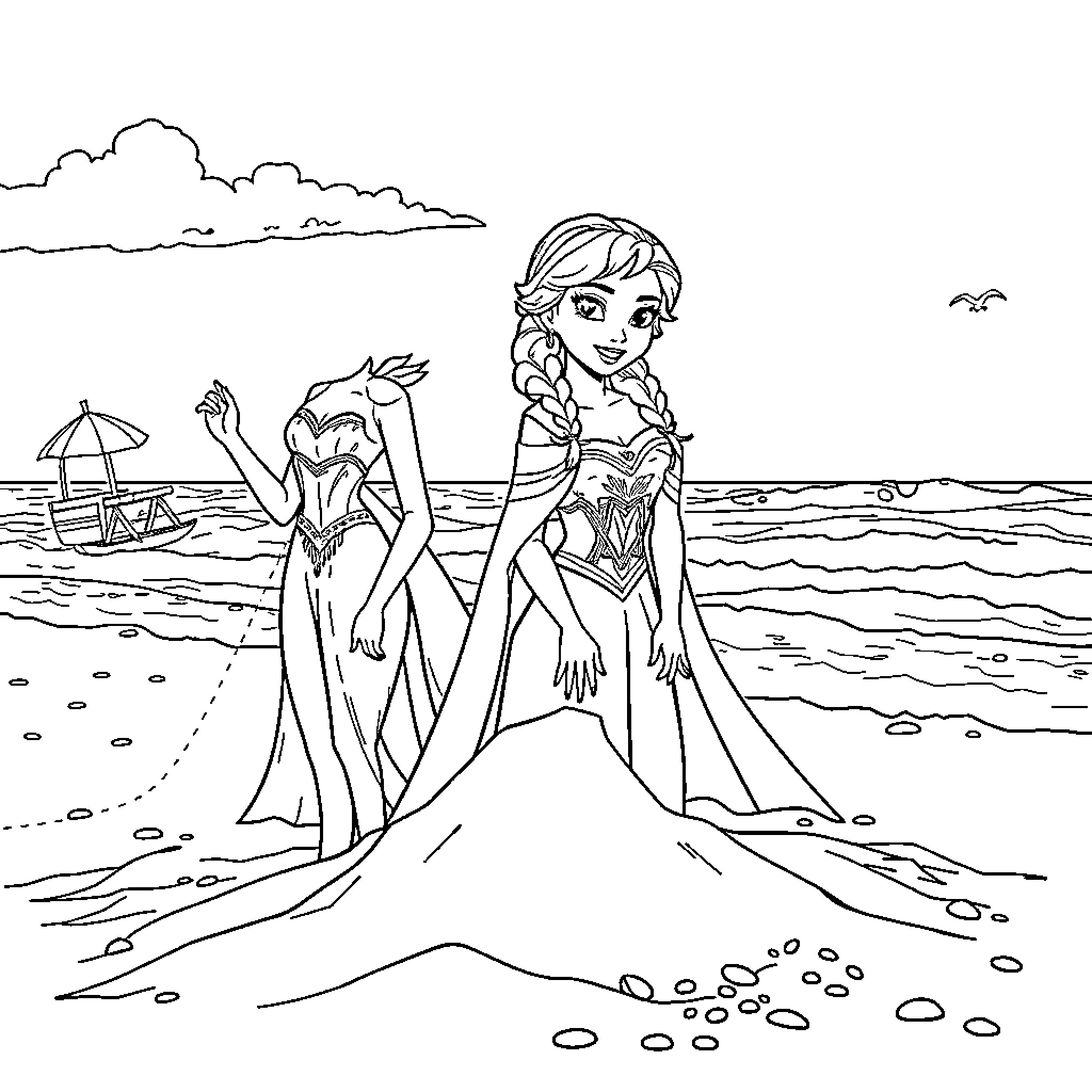 Elsa enjoying a sunny day at the beach Coloring Page (free black-and-white line drawing printable PDF for all, from beginners to advanced learners, including children, teens, adults, and seniors)