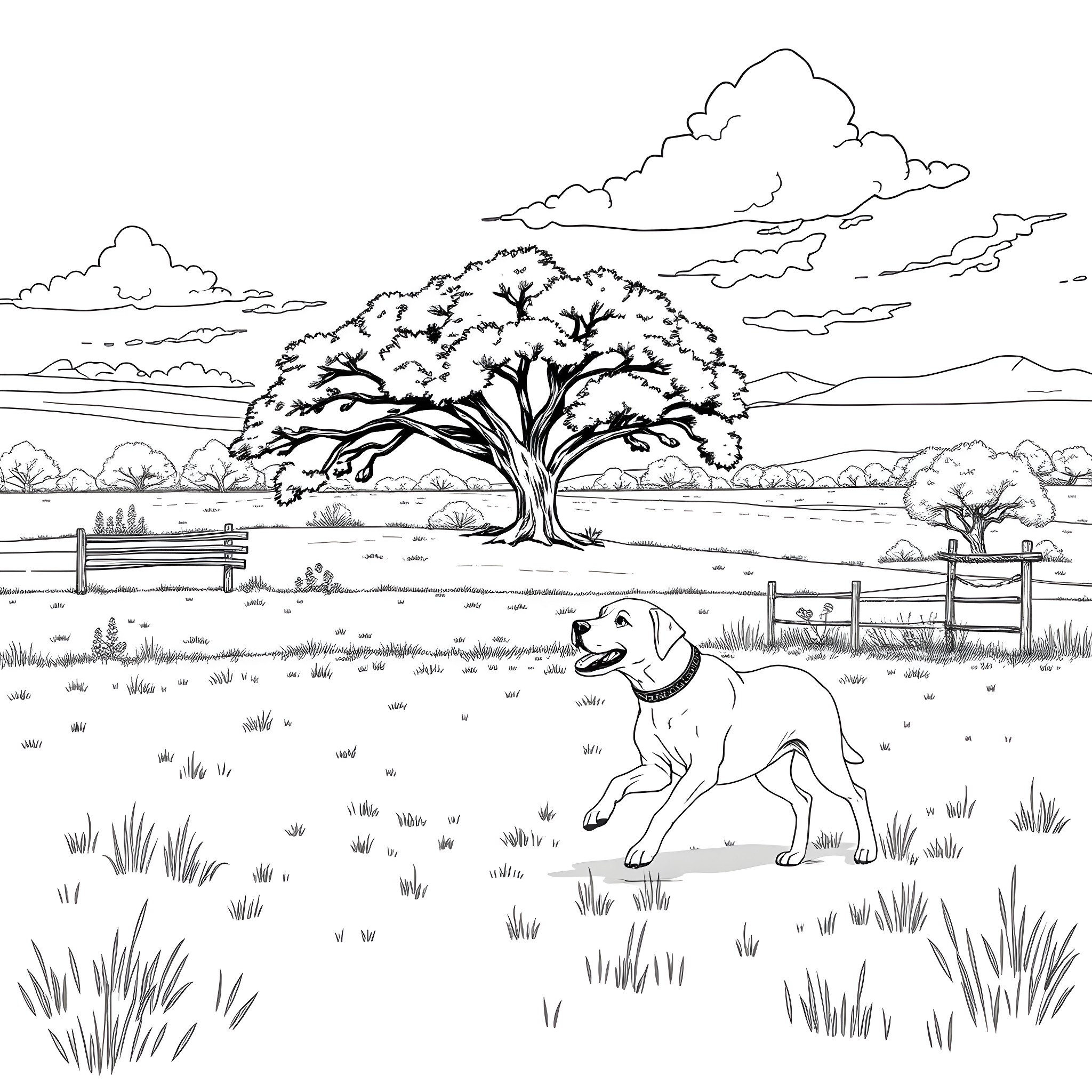 Elsa enjoys the peaceful countryside with her loyal companion Coloring Page (free black-and-white line drawing printable PDF for all, from beginners to advanced learners, including children, teens, adults, and seniors)