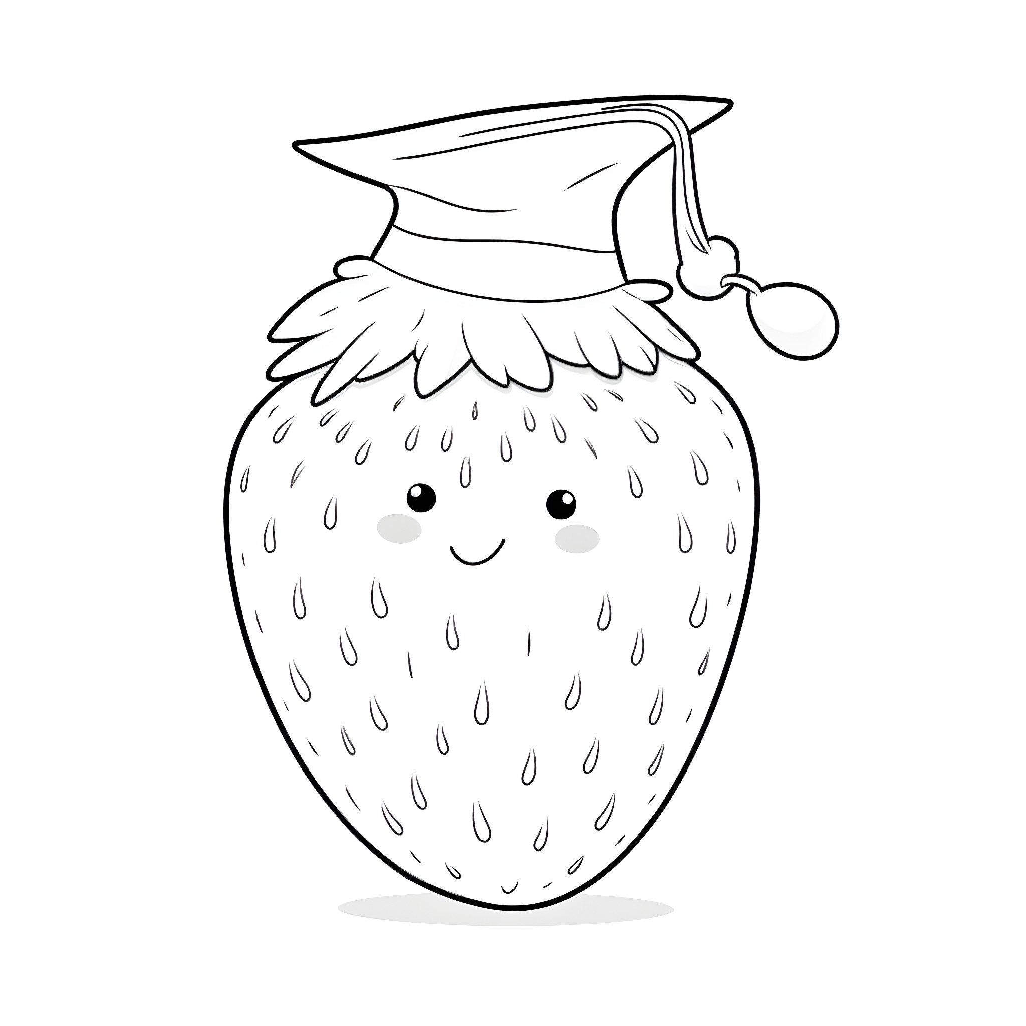Strawberry wearing a graduation cap Coloring Page (free black-and-white line drawing printable PDF for all, from beginners to advanced learners, including children, teens, adults, and seniors)