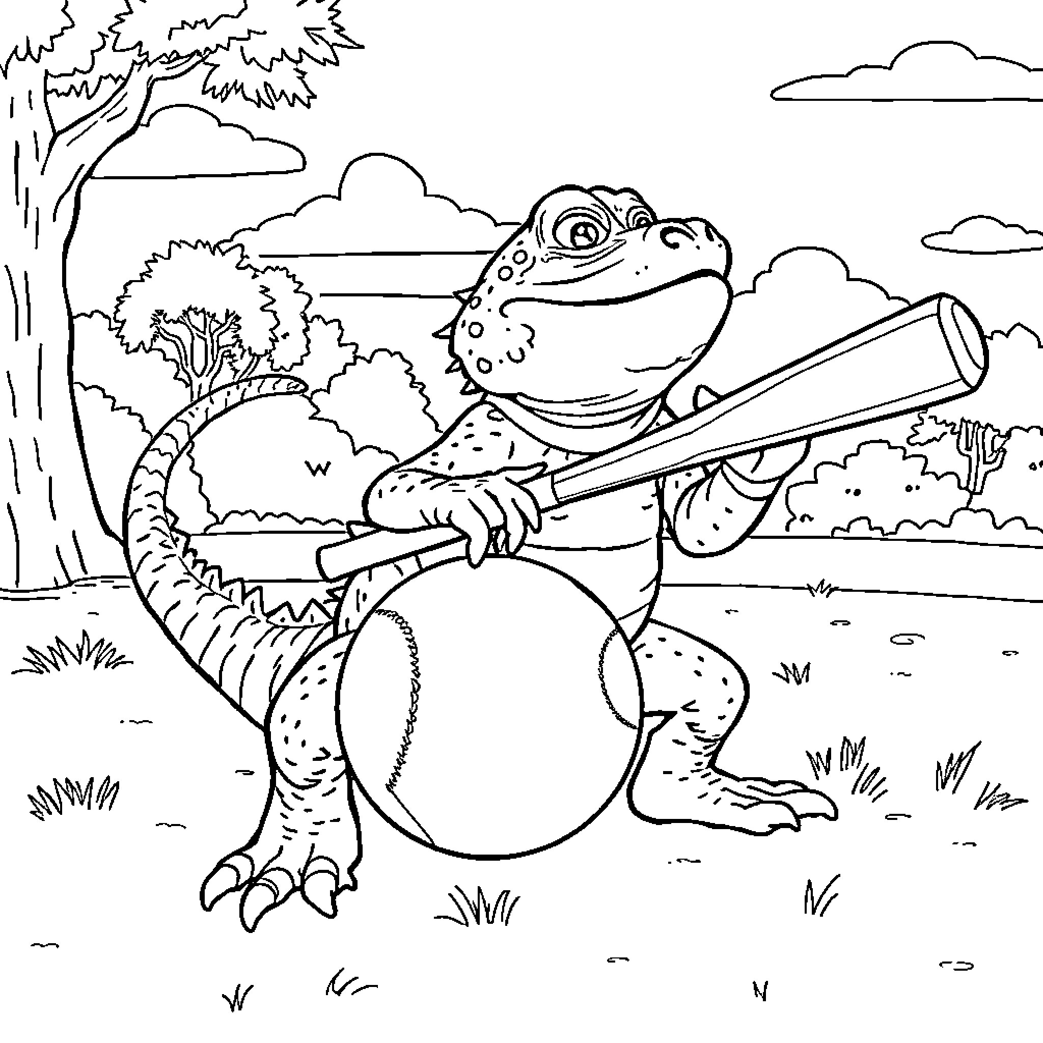Crocodile Playing Baseball in the Park Coloring Page (free black-and-white line drawing printable PDF for all, from beginners to advanced learners, including children, teens, adults, and seniors)