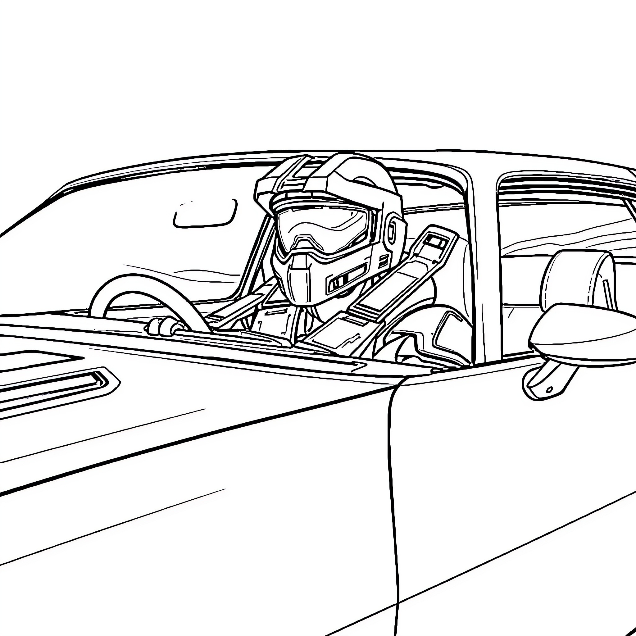 Master Chief in Futuristic Vehicle Coloring Page (free black-and-white line drawing printable PDF for all, from beginners to advanced learners, including children, teens, adults, and seniors)
