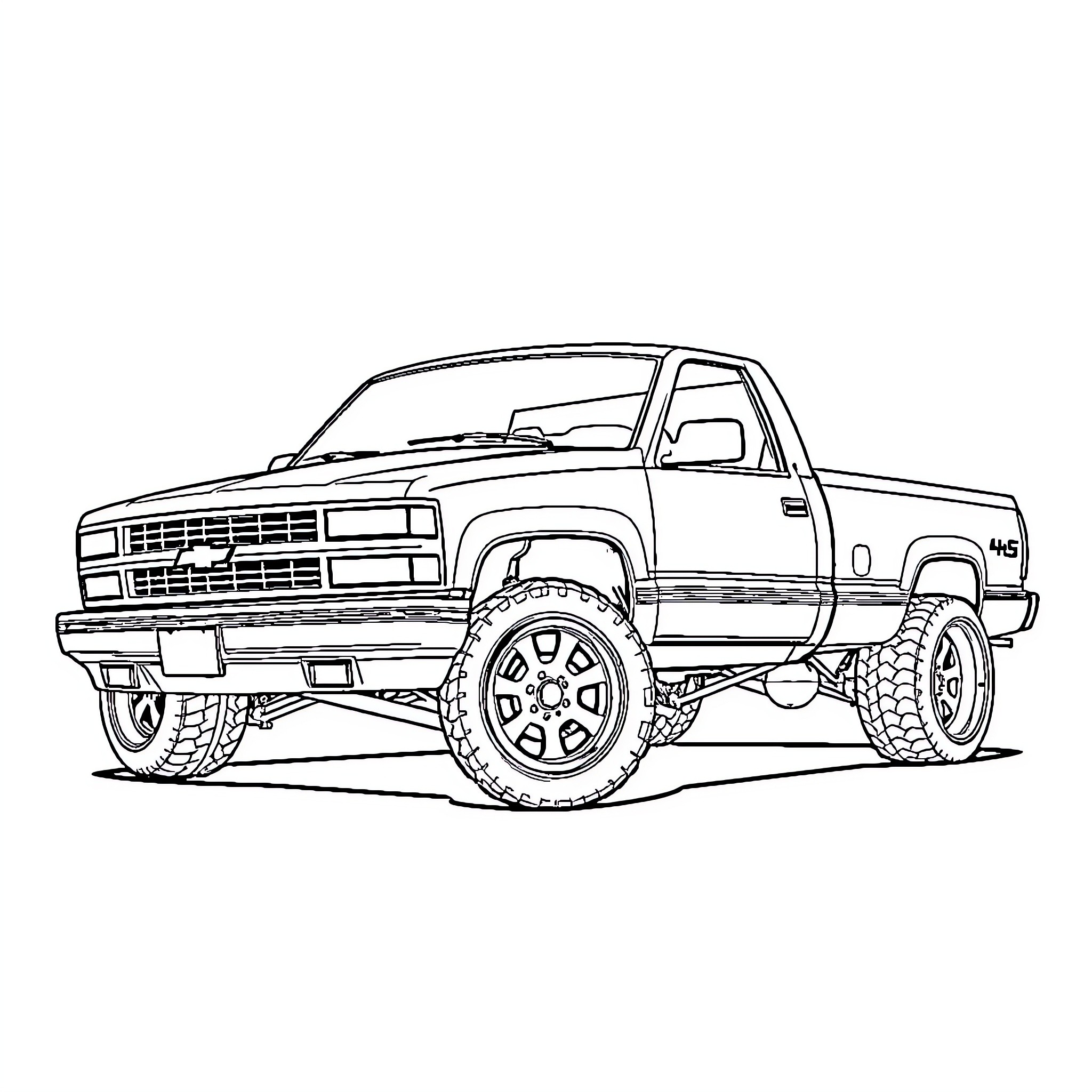 Truck with off-road modifications Coloring Page (free black-and-white line drawing printable PDF for all, from beginners to advanced learners, including children, teens, adults, and seniors)