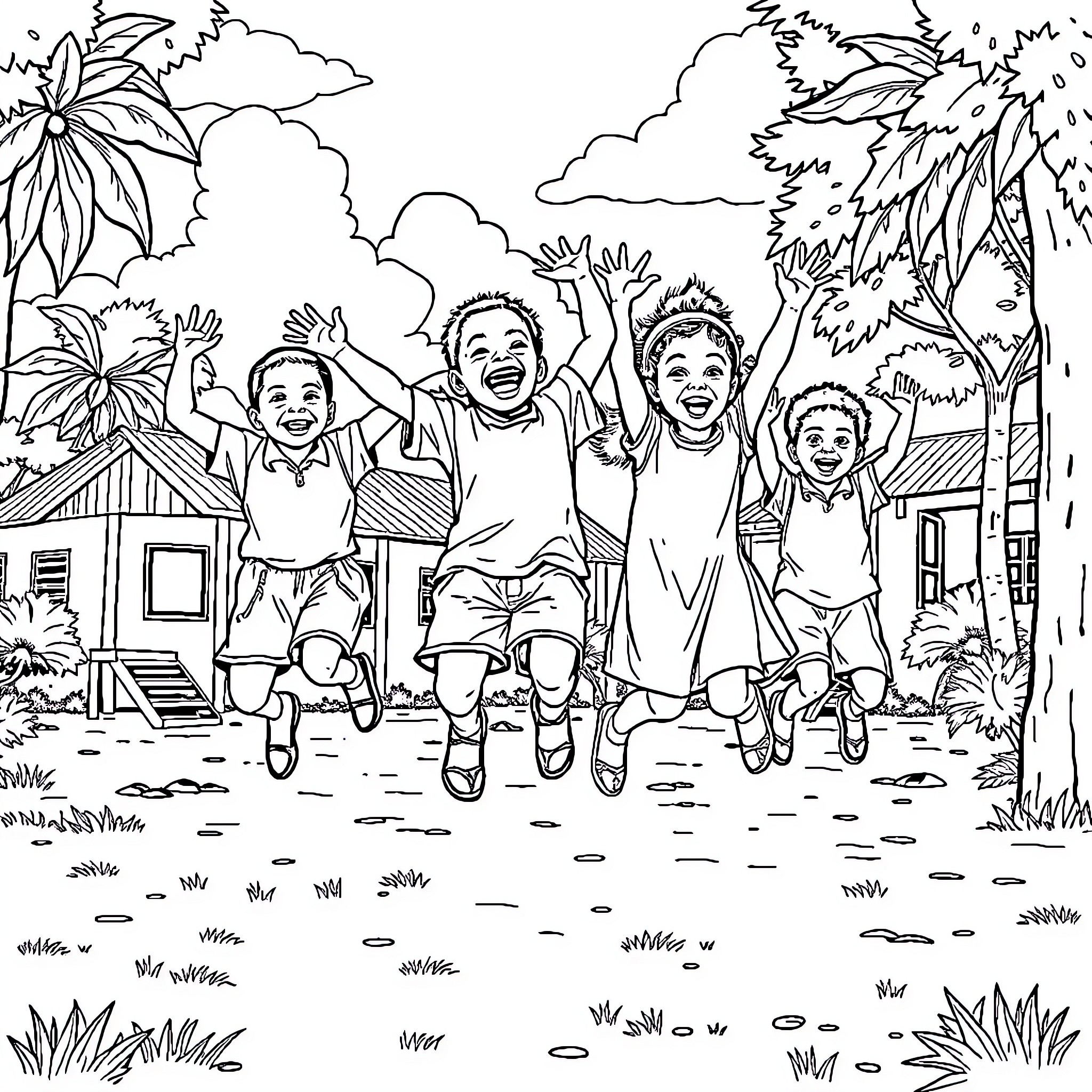Labubu's joyful childhood adventure in the tropical outdoors Coloring Page (free black-and-white line drawing printable PDF for all, from beginners to advanced learners, including children, teens, adults, and seniors)