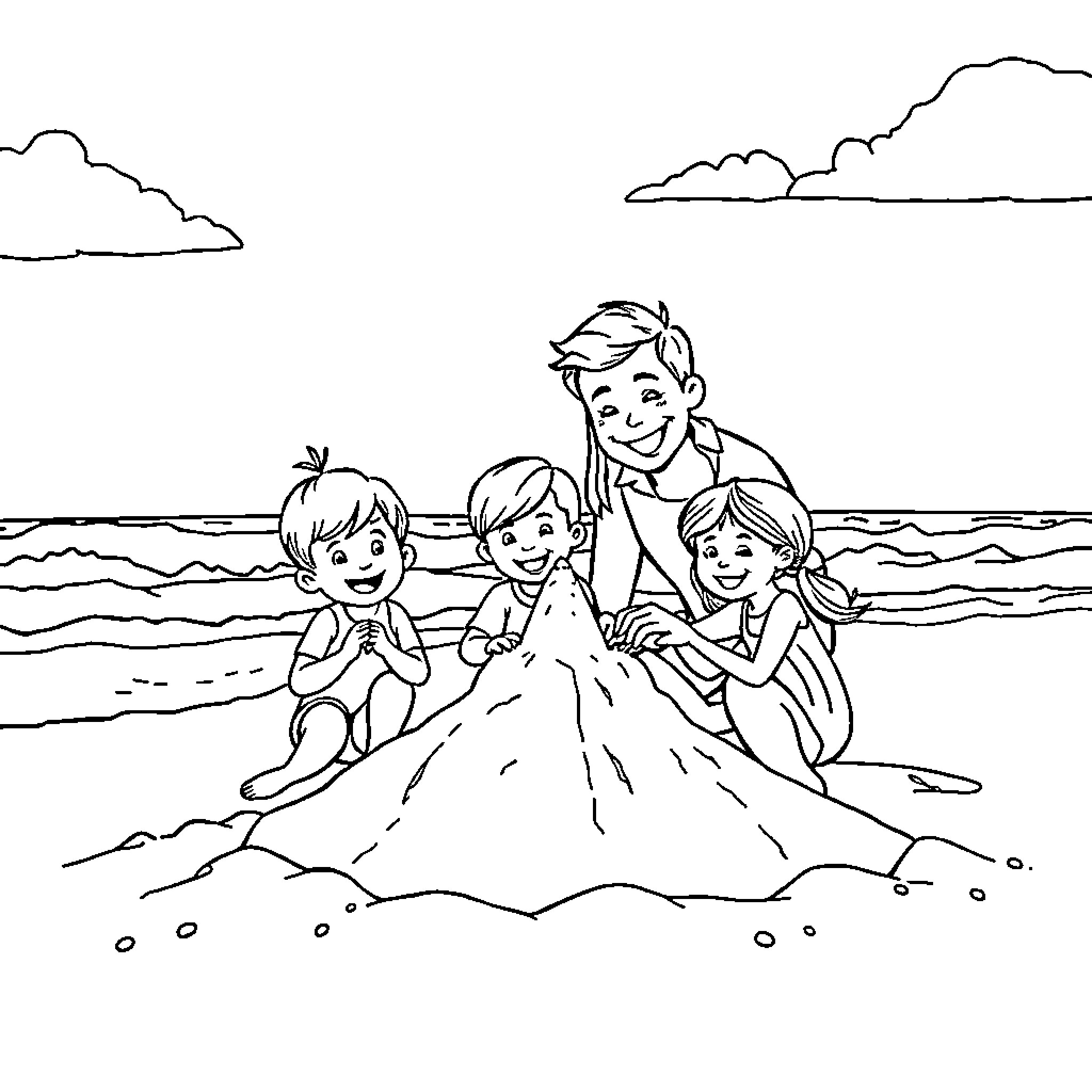 Family enjoying a day at the beach Coloring Page (free black-and-white line drawing printable PDF for all, from beginners to advanced learners, including children, teens, adults, and seniors)