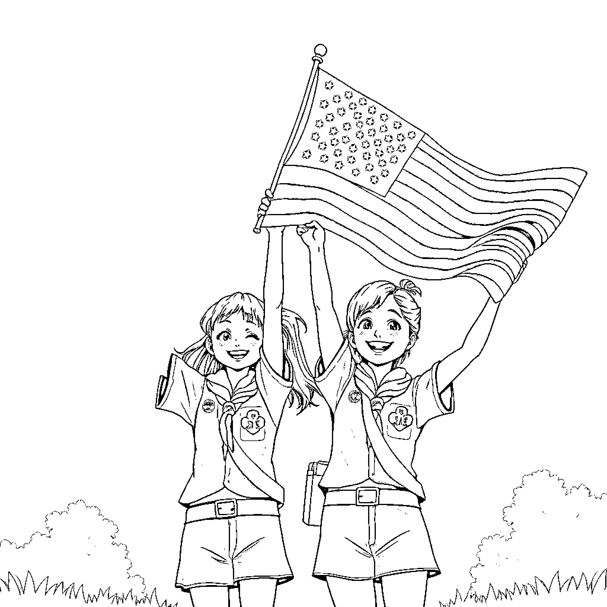 Girl Scouts Proudly Waving American Flag Coloring Page (free black-and-white line drawing printable PDF for all, from beginners to advanced learners, including children, teens, adults, and seniors)