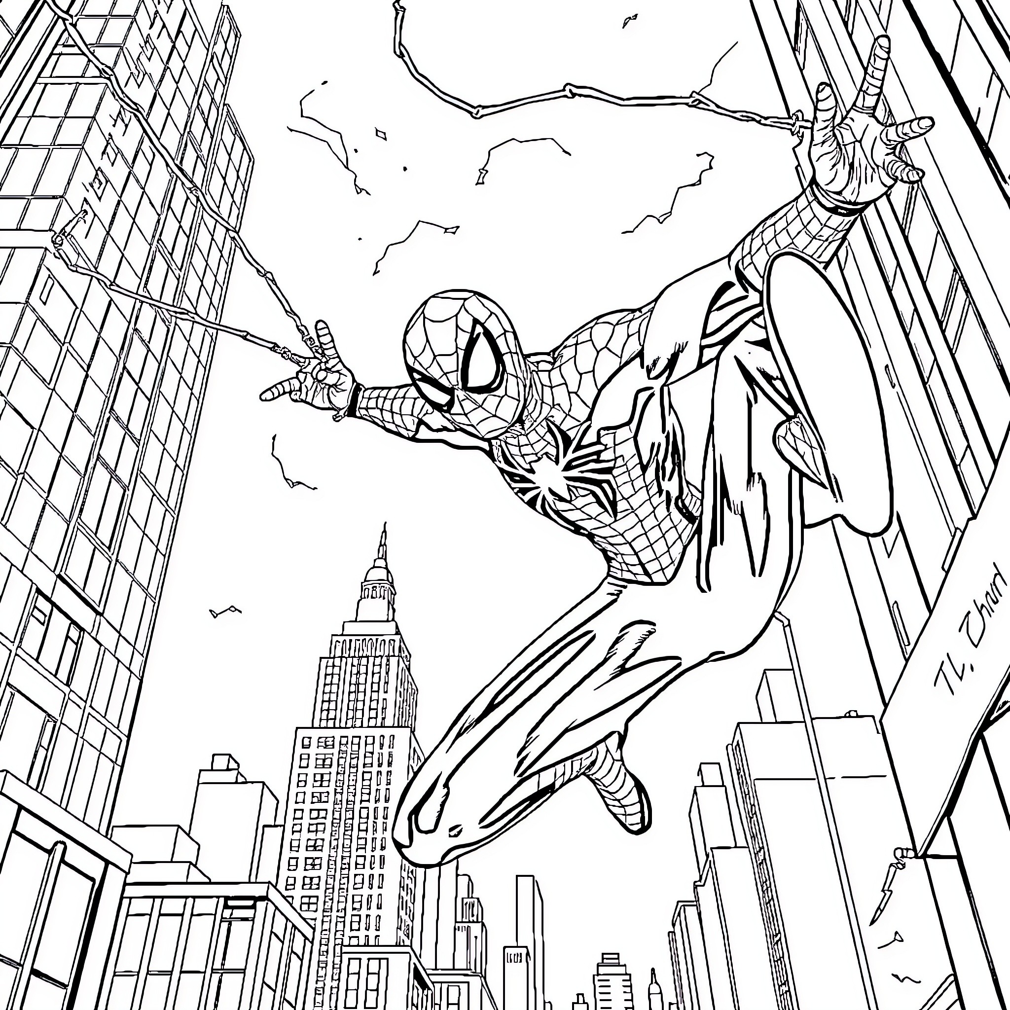 Spider-Man swinging through the city skyline Coloring Page (free black-and-white line drawing printable PDF for all, from beginners to advanced learners, including children, teens, adults, and seniors)