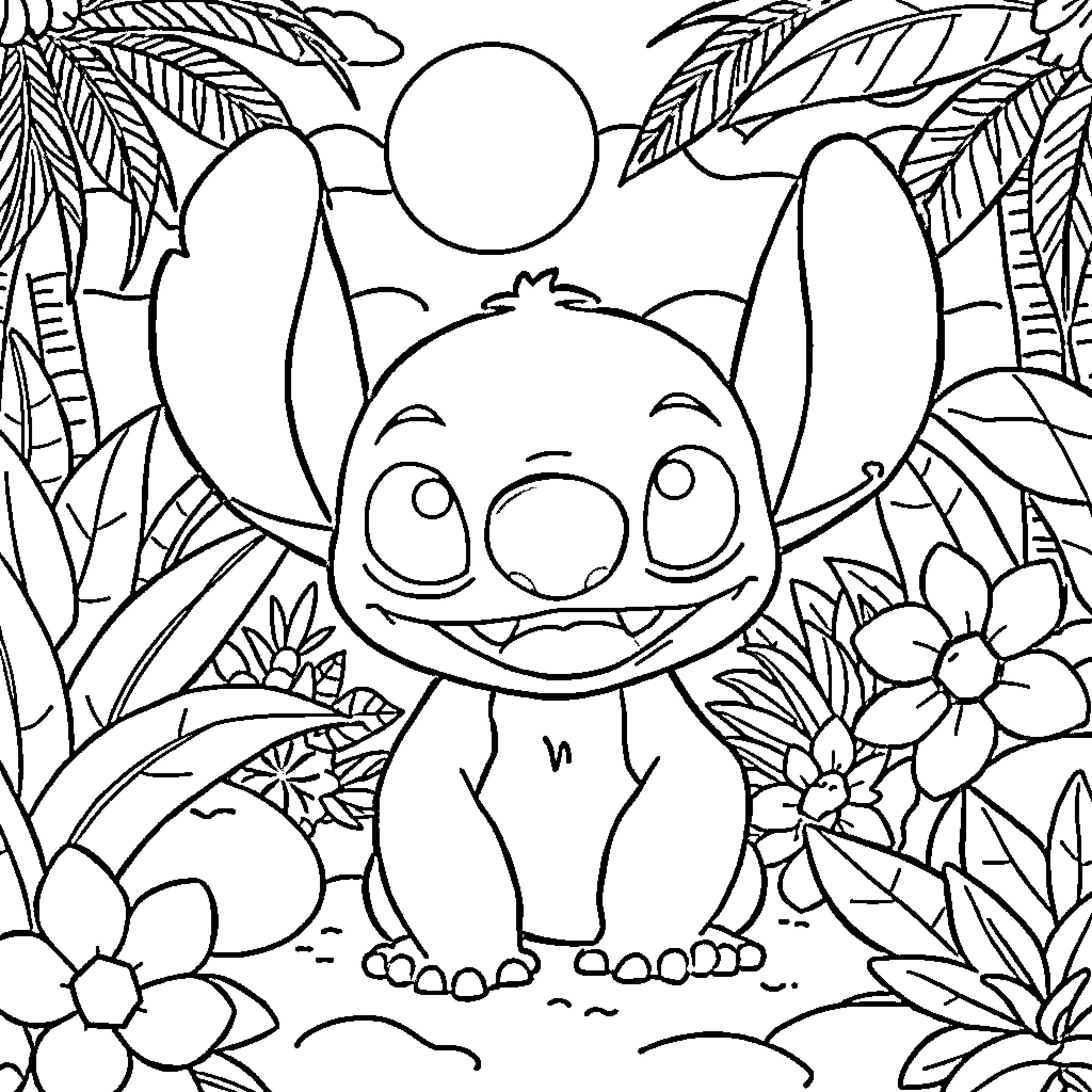 Stitch Exploring the Tropical Jungle Coloring Page (free black-and-white line drawing printable PDF for all, from beginners to advanced learners, including children, teens, adults, and seniors)