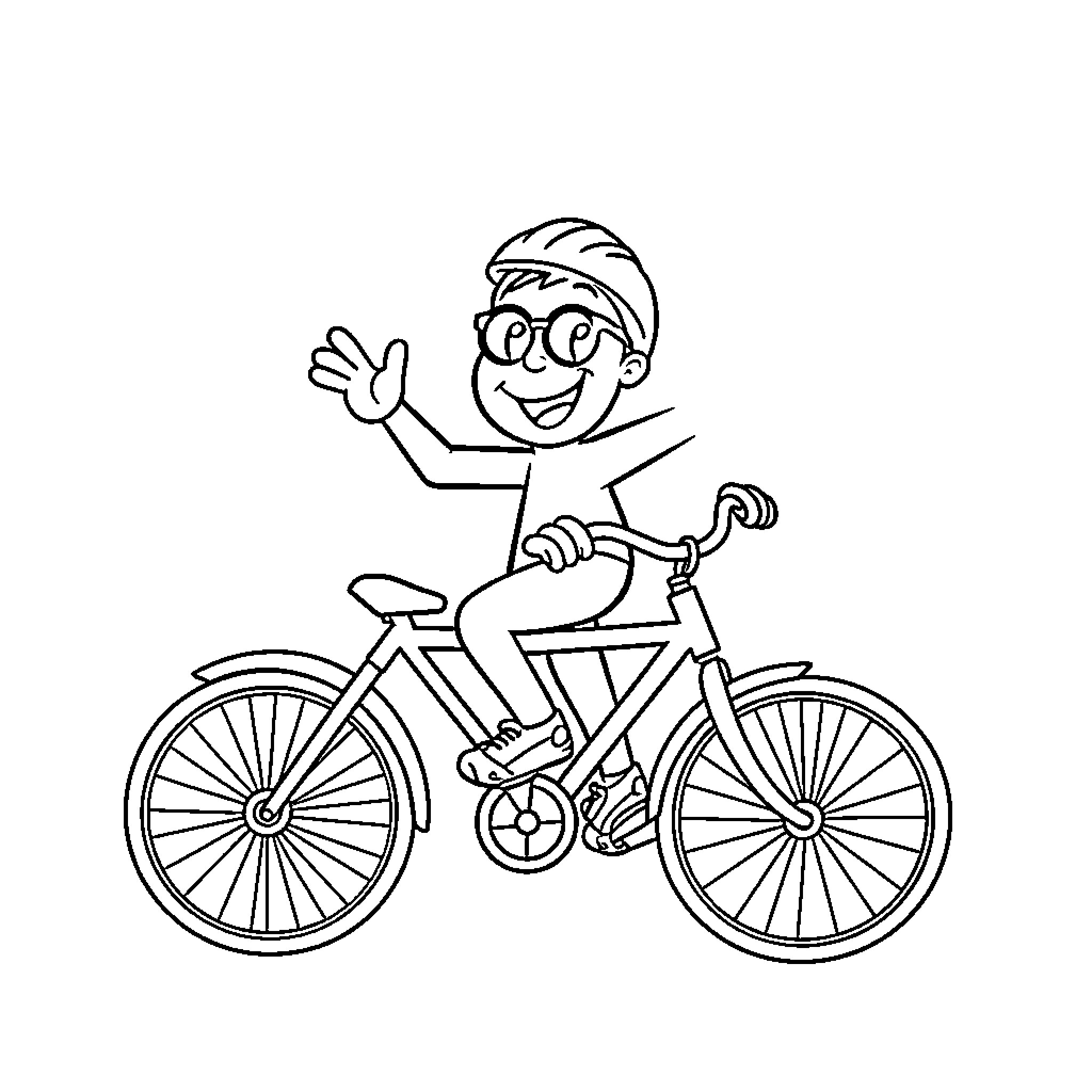 Blippi riding a bicycle happily Coloring Page (free black-and-white line drawing printable PDF for all, from beginners to advanced learners, including children, teens, adults, and seniors)