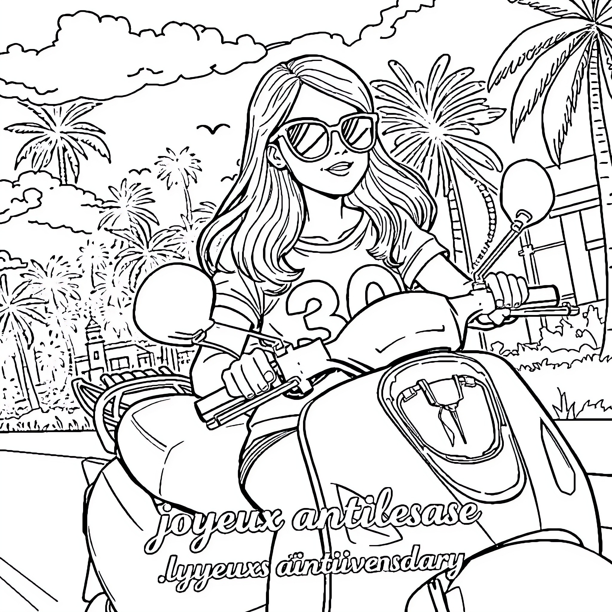 Fille riding scooter in tropical vacation scene Coloring Page (free black-and-white line drawing printable PDF for all, from beginners to advanced learners, including children, teens, adults, and seniors)