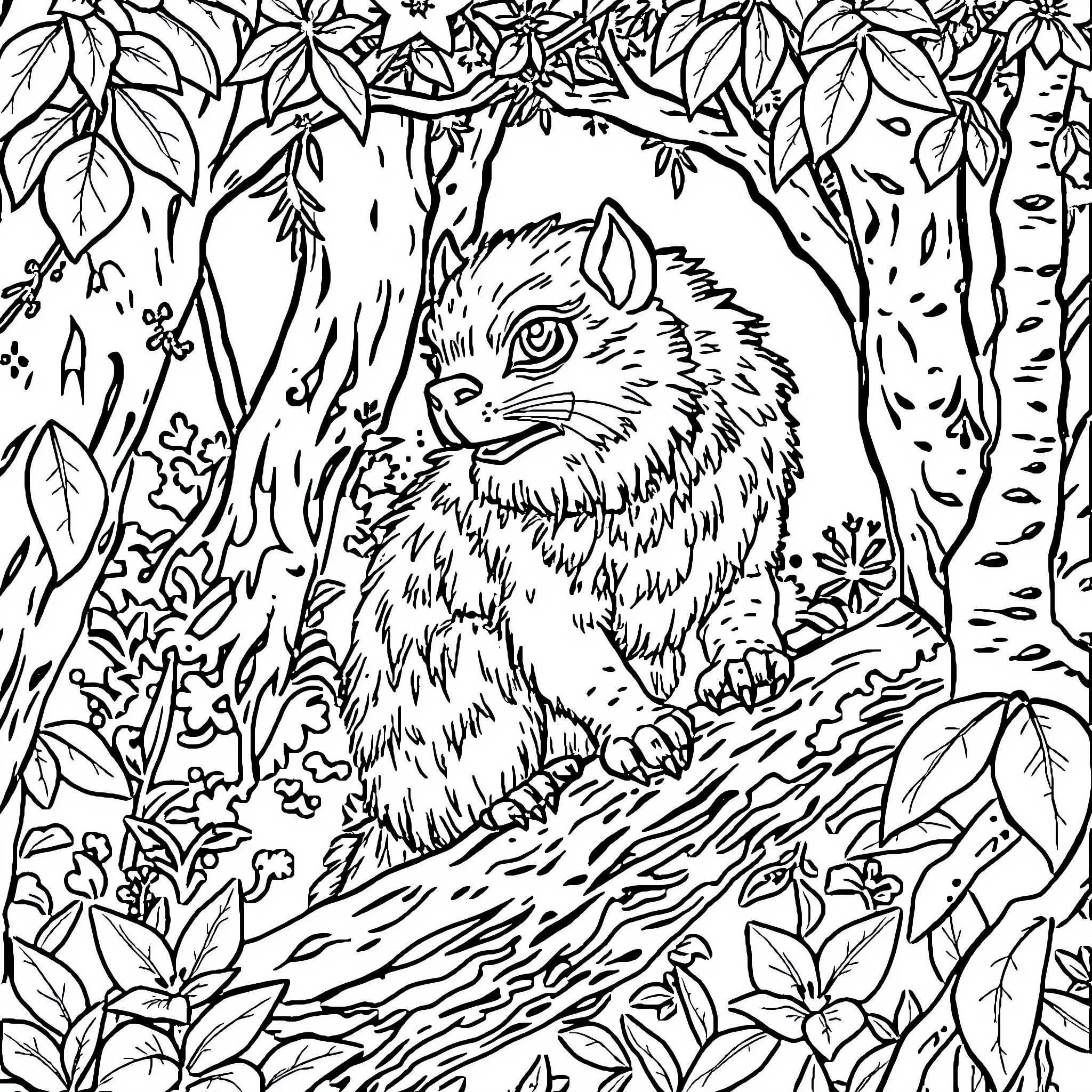 Animal sitting in the forest Coloring Page (free black-and-white line drawing printable PDF for all, from beginners to advanced learners, including children, teens, adults, and seniors)