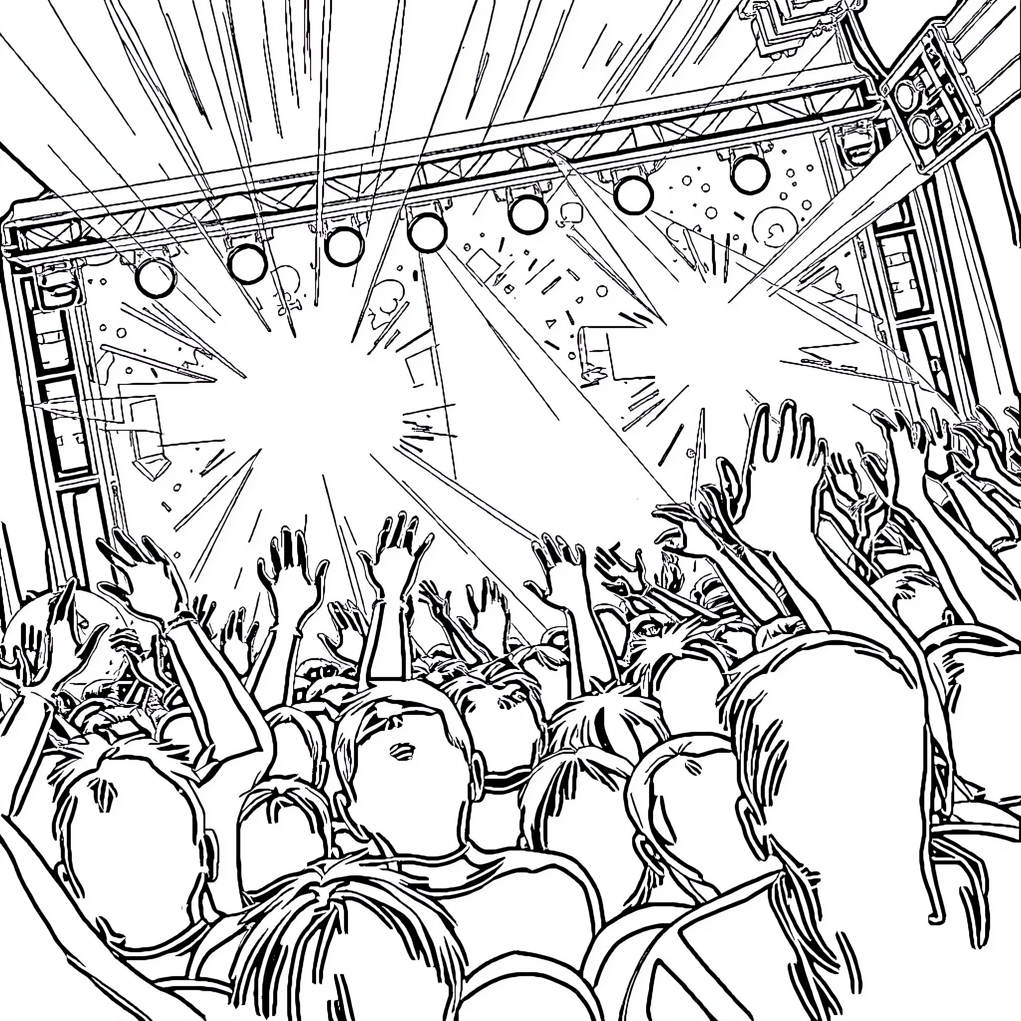 Concert of excited audience with raised hands Coloring Page (free black-and-white line drawing printable PDF for all, from beginners to advanced learners, including children, teens, adults, and seniors)