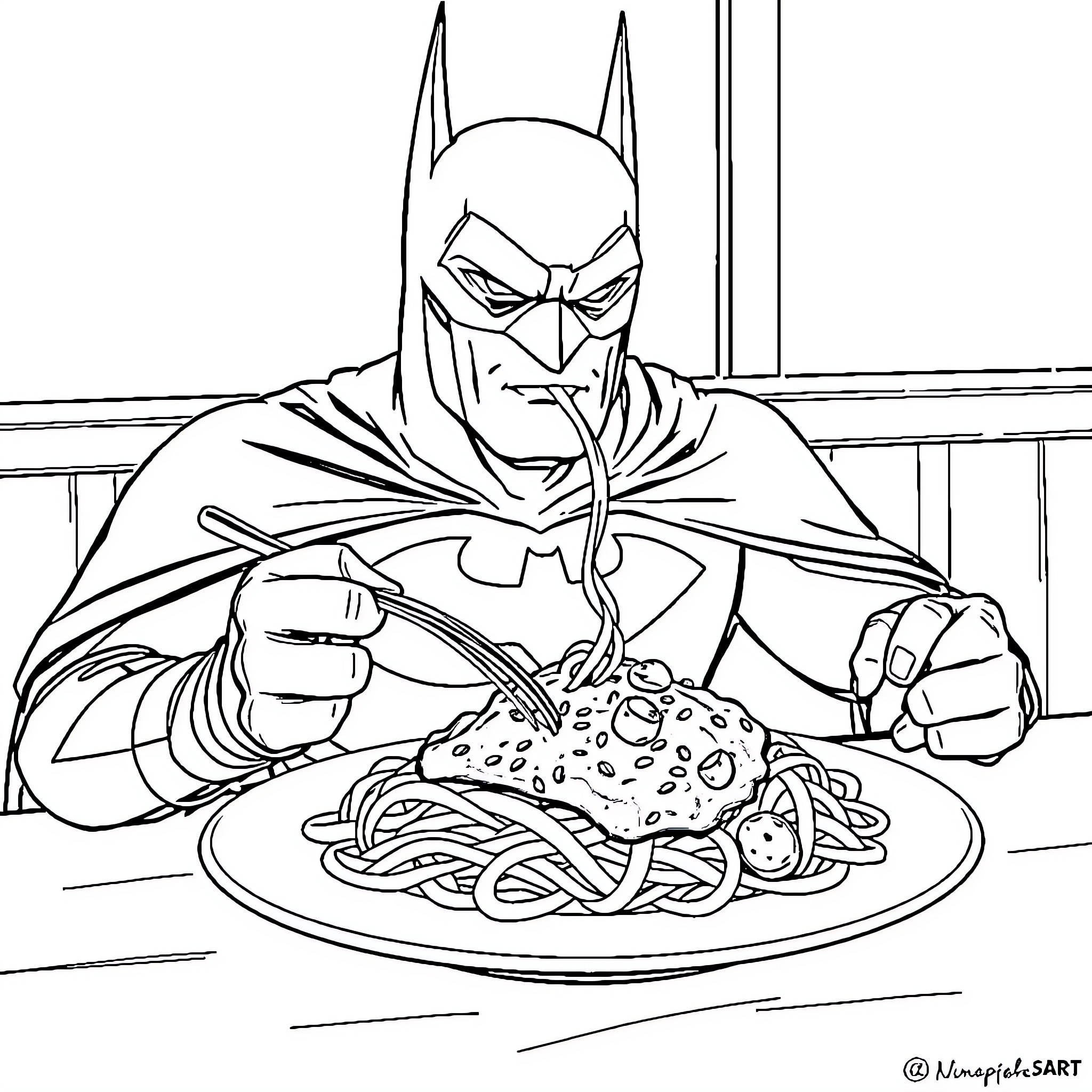 Batman enjoying a hearty meal of spaghetti and meatballs Coloring Page (free black-and-white line drawing printable PDF for all, from beginners to advanced learners, including children, teens, adults, and seniors)