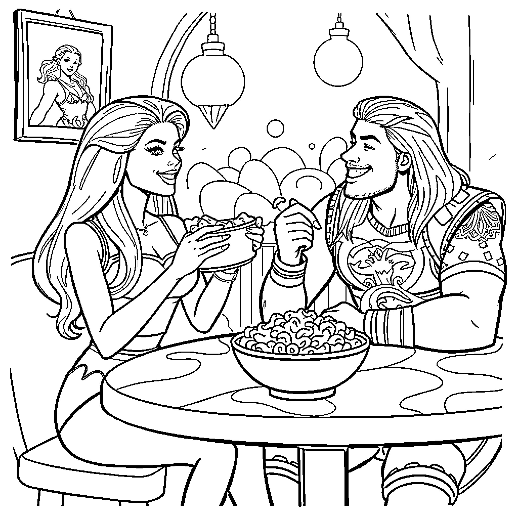Barbie and Ken Enjoying a Cozy Meal Together Coloring Page (free black-and-white line drawing printable PDF for all, from beginners to advanced learners, including children, teens, adults, and seniors)