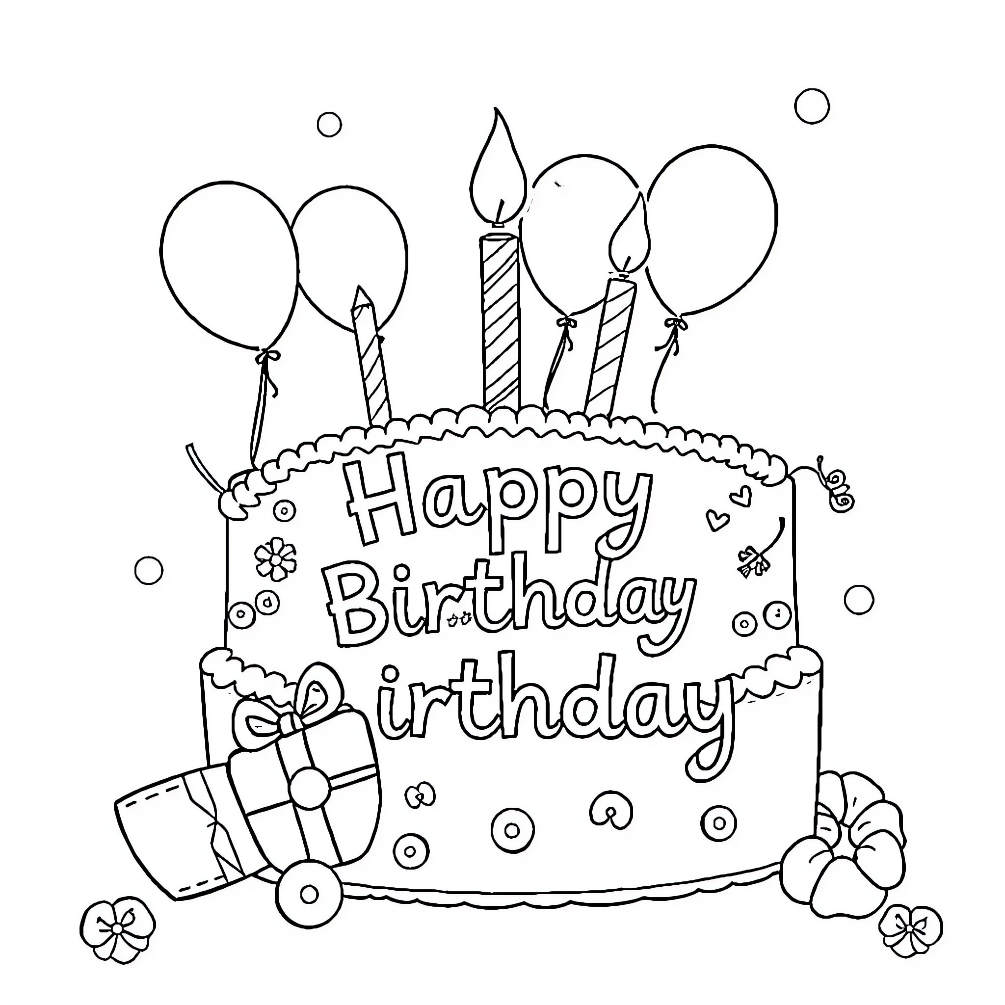 Card with Happy Birthday Cake and Balloons Coloring Page (free black-and-white line drawing printable PDF for all, from beginners to advanced learners, including children, teens, adults, and seniors)