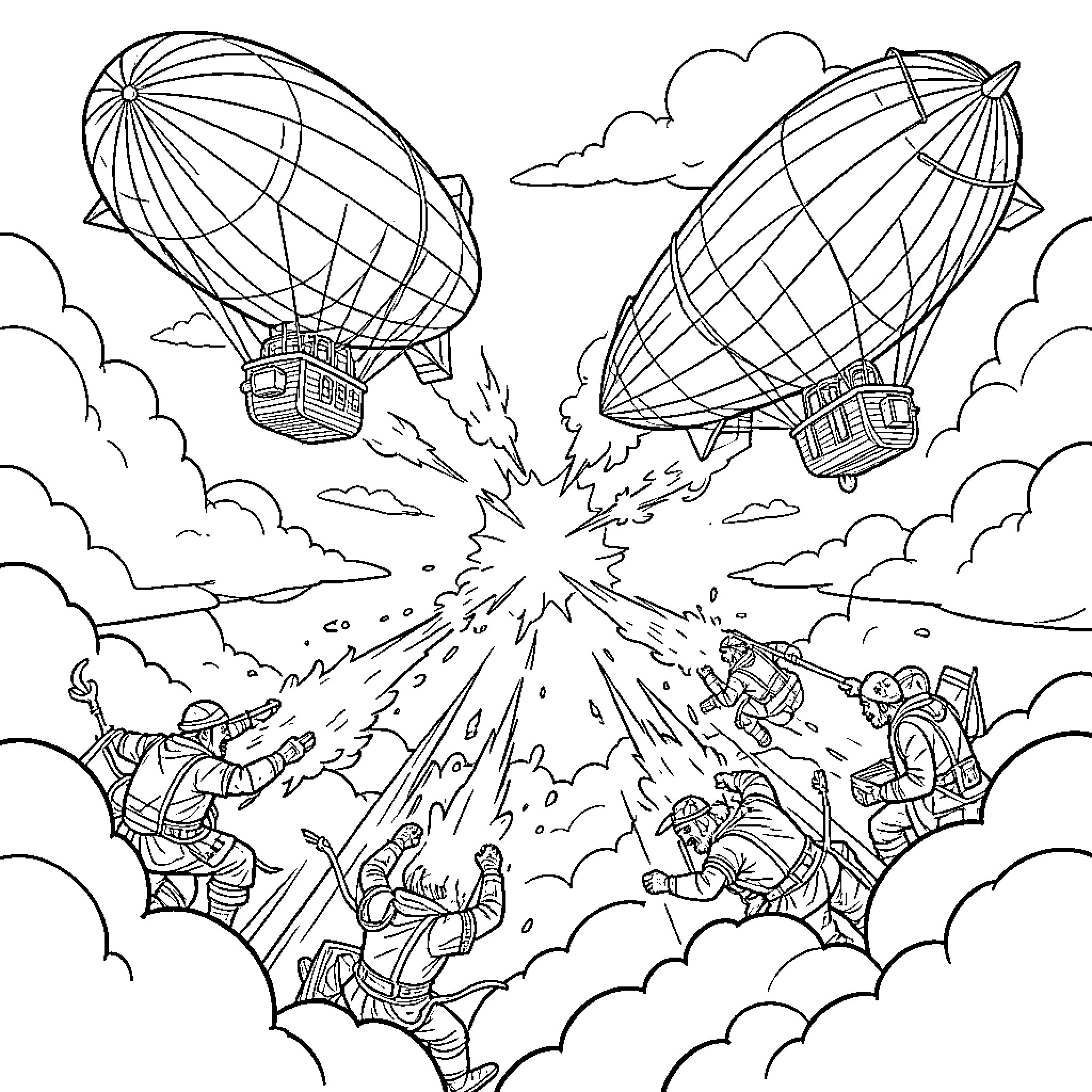 Zeppelin airships battling amidst clouds and explosions Coloring Page (free black-and-white line drawing printable PDF for all, from beginners to advanced learners, including children, teens, adults, and seniors)