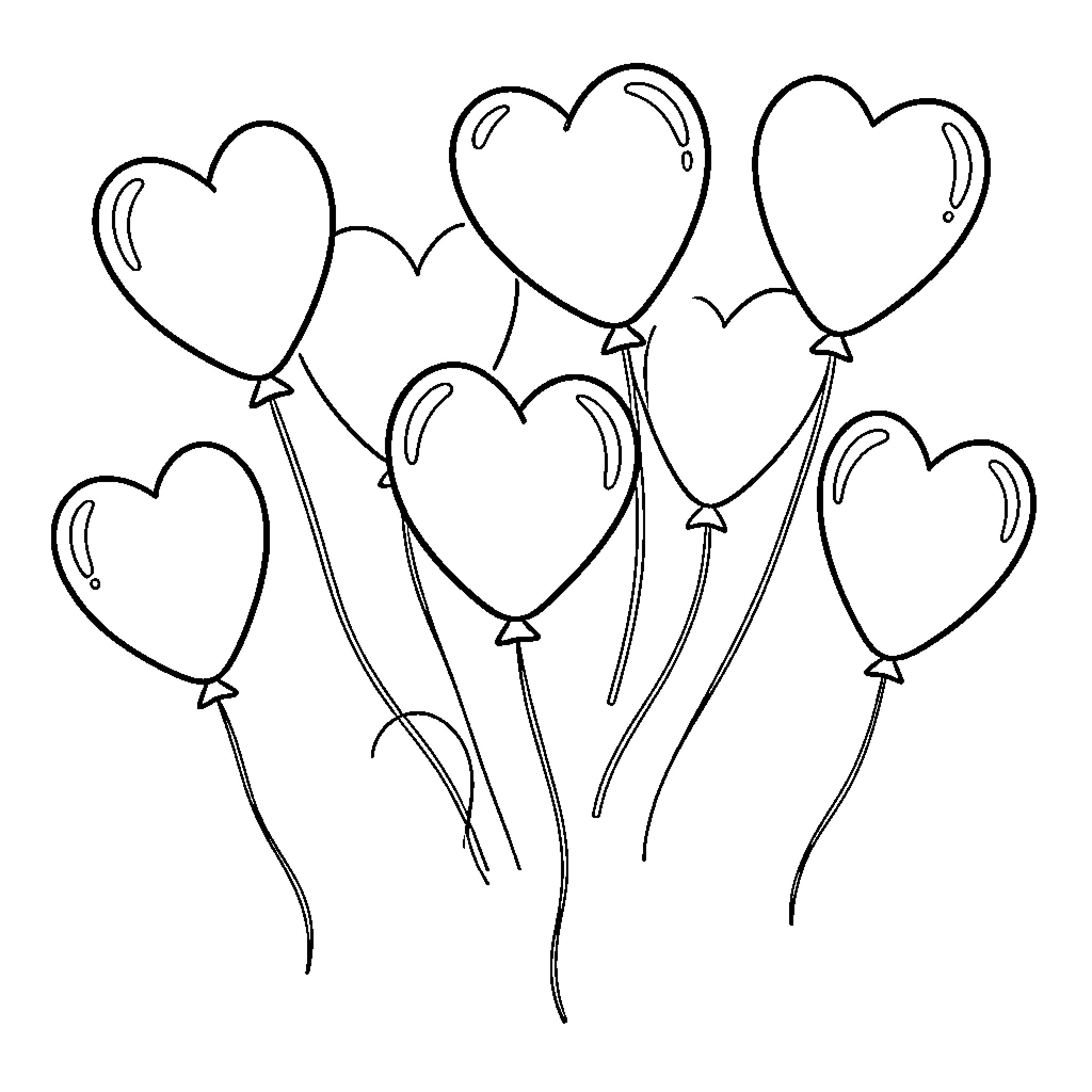 Heart Balloon floating upwards in a cluster Coloring Page (free black-and-white line drawing printable PDF for all, from beginners to advanced learners, including children, teens, adults, and seniors)
