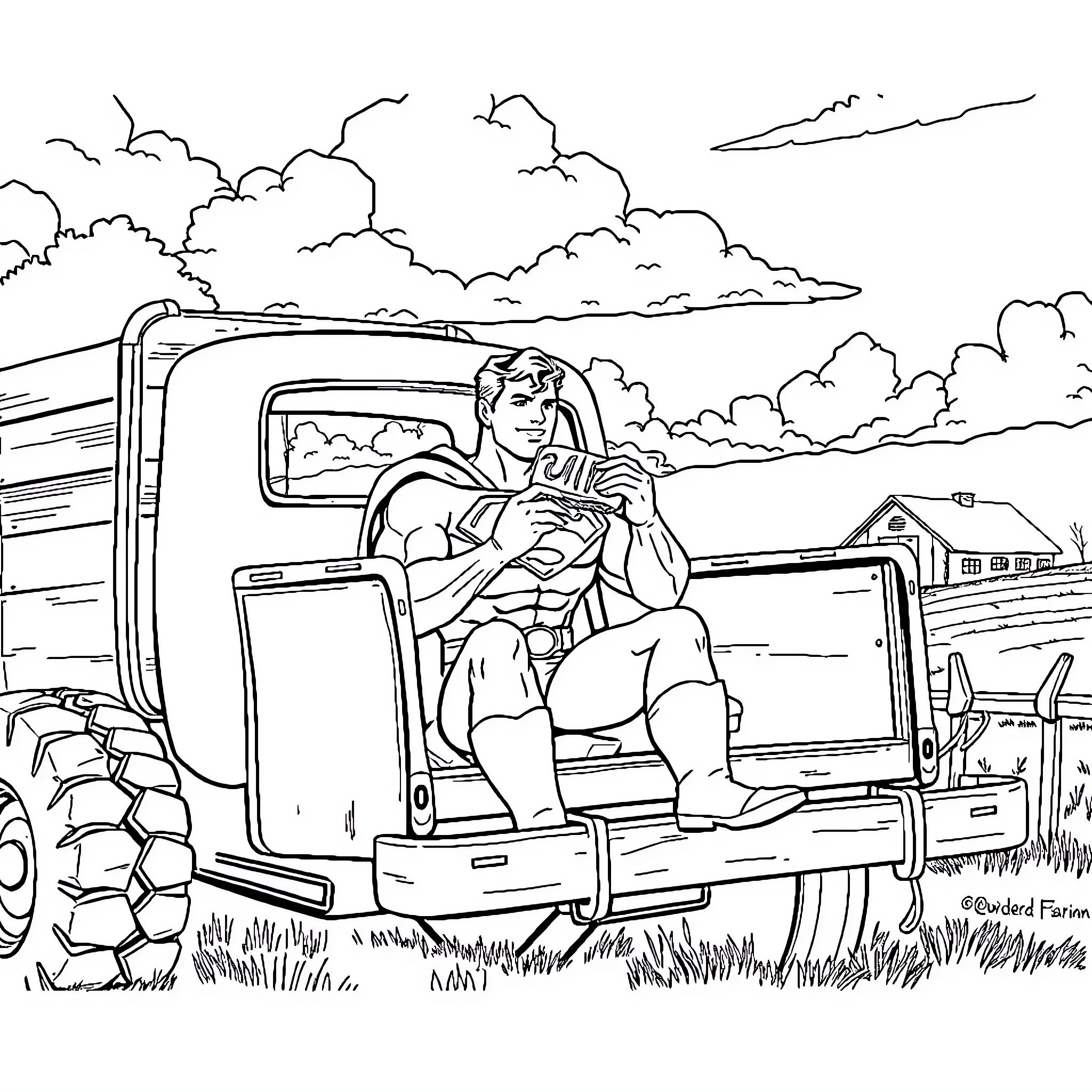 Superman resting in an old truck on a cloudy day Coloring Page (free black-and-white line drawing printable PDF for all, from beginners to advanced learners, including children, teens, adults, and seniors)