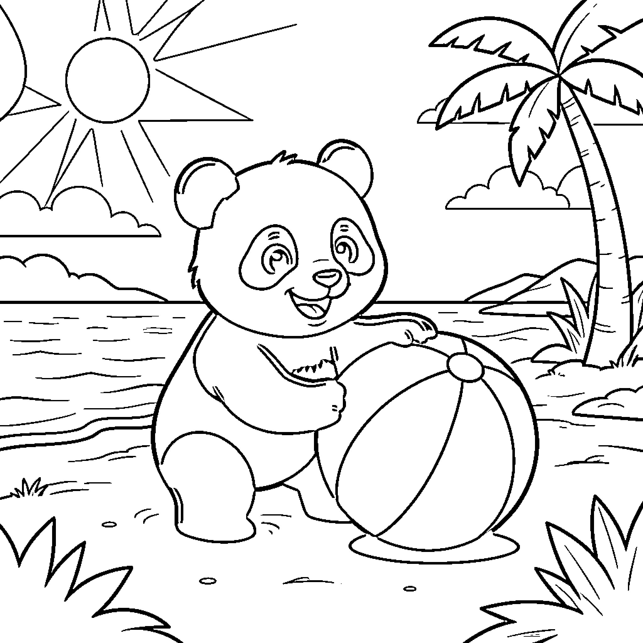 Panda playing with beach ball on tropical island Coloring Page (free black-and-white line drawing printable PDF for all, from beginners to advanced learners, including children, teens, adults, and seniors)