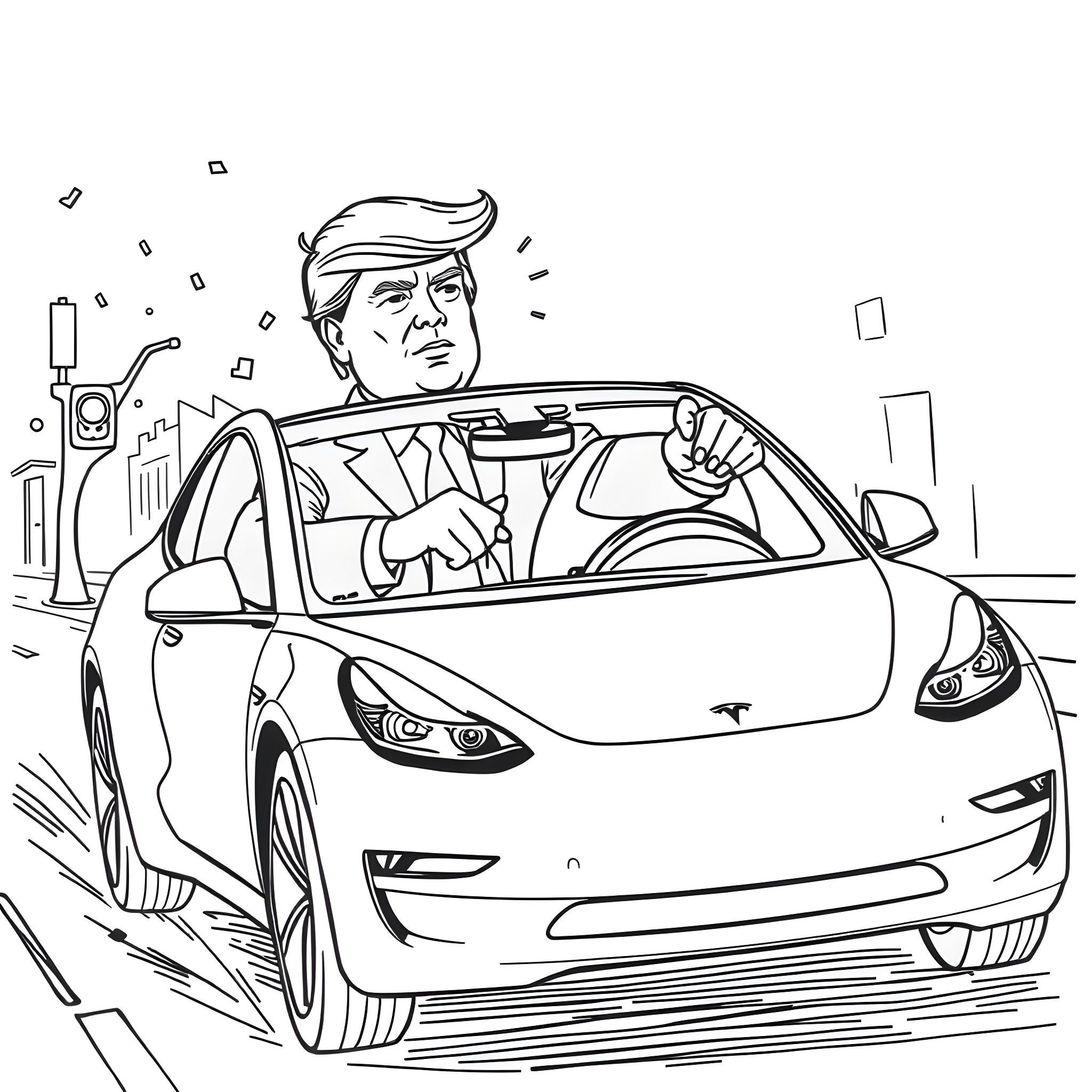 Tesla CEO driving electric car through city Coloring Page (free black-and-white line drawing printable PDF for all, from beginners to advanced learners, including children, teens, adults, and seniors)