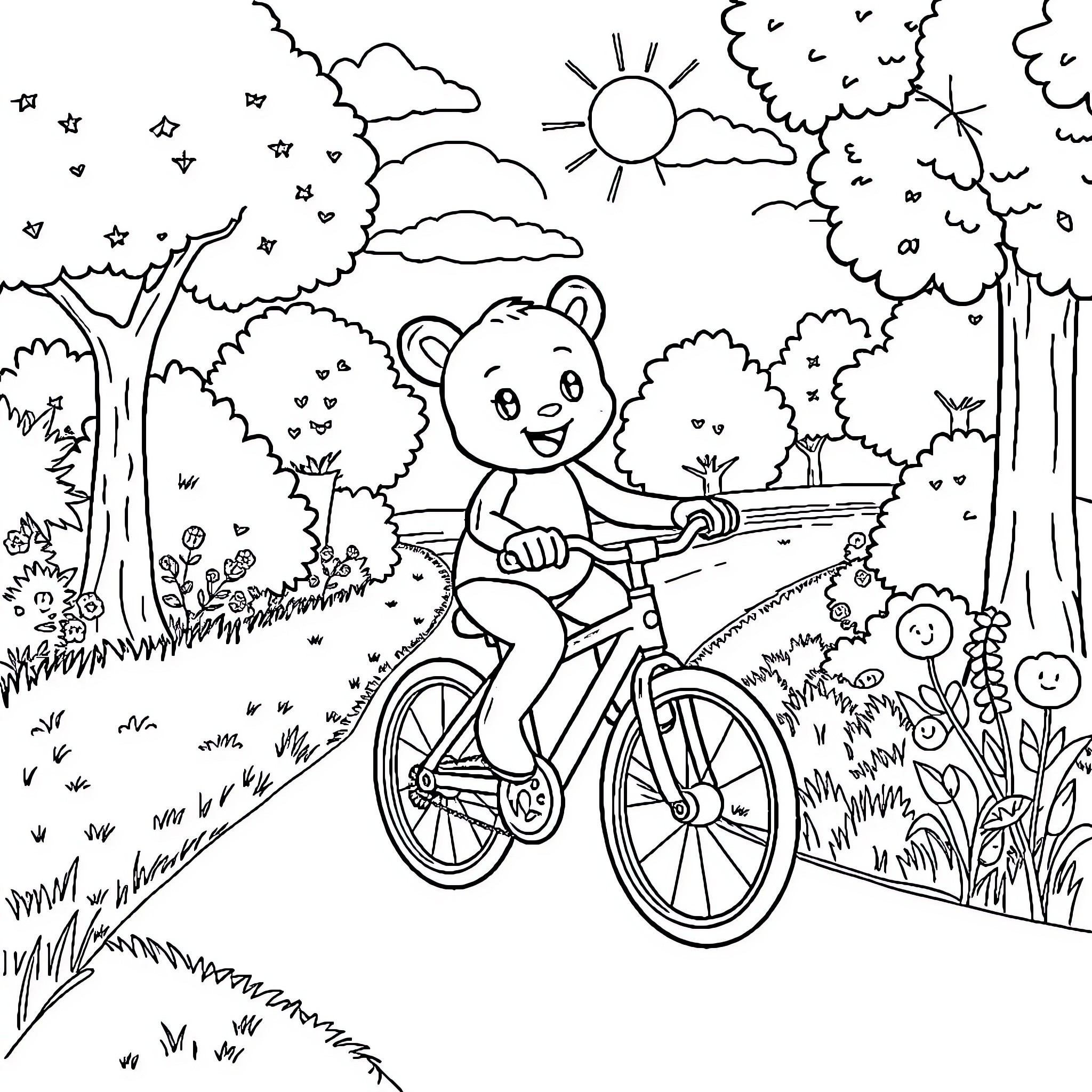 Bluey's Joyful Bicycle Ride in Nature Coloring Page (free black-and-white line drawing printable PDF for all, from beginners to advanced learners, including children, teens, adults, and seniors)