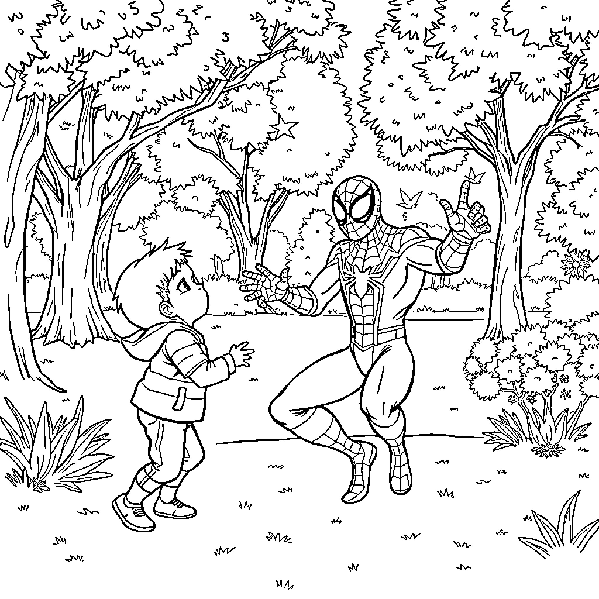 Spiderman interacts with a child in a forest setting Coloring Page (free black-and-white line drawing printable PDF for all, from beginners to advanced learners, including children, teens, adults, and seniors)