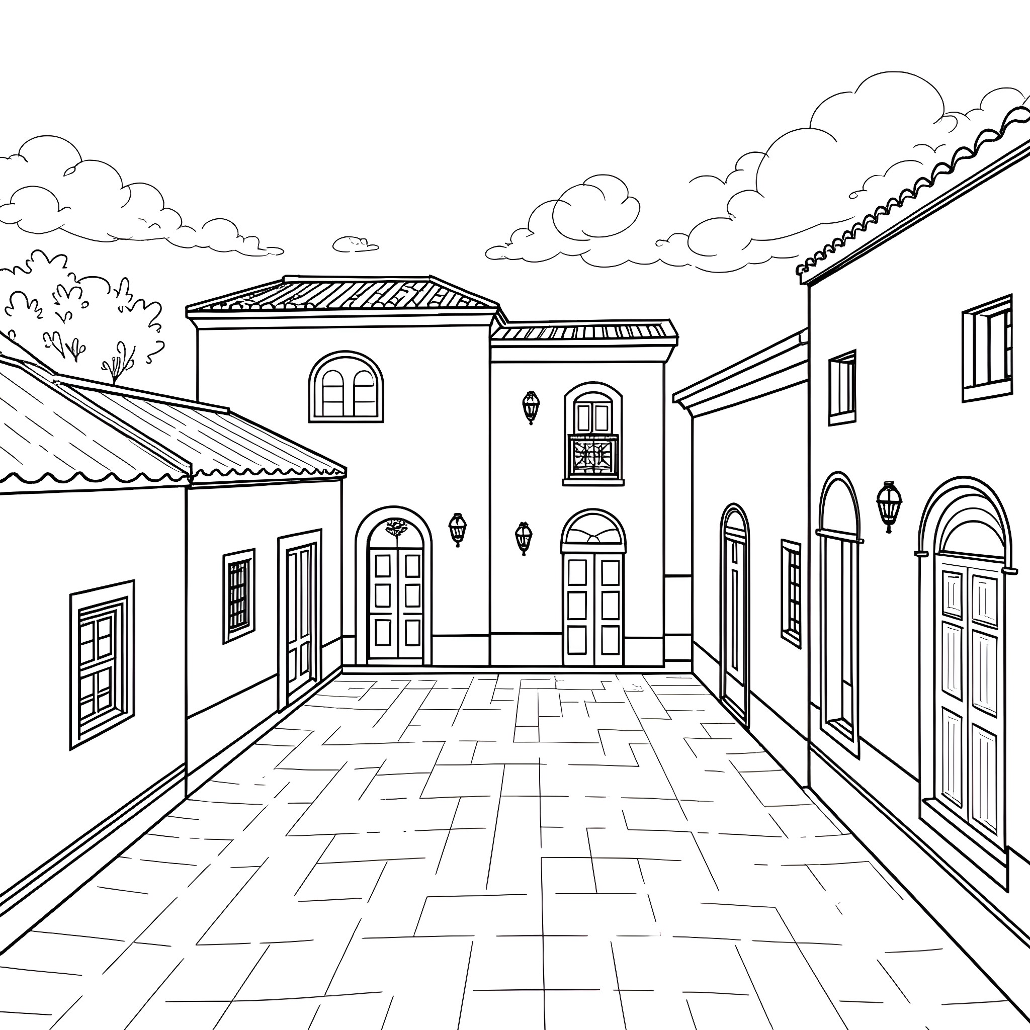 Spain's Picturesque Town Square with Architectural Wonders Coloring Page (free black-and-white line drawing printable PDF for all, from beginners to advanced learners, including children, teens, adults, and seniors)