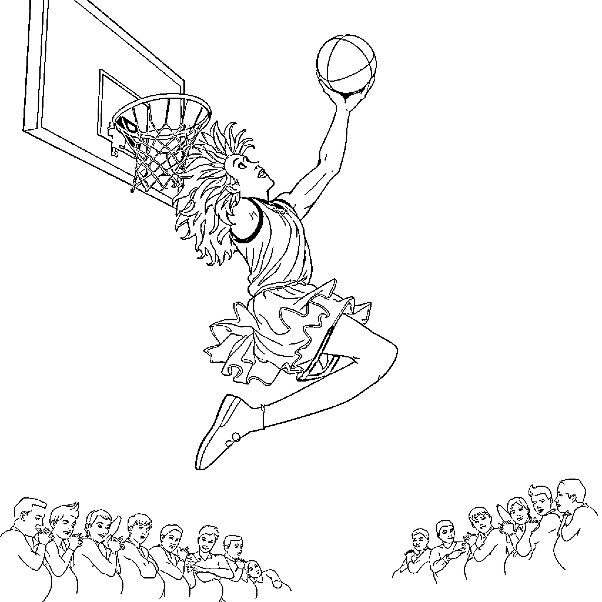 Man dunking basketball with enthusiasm Coloring Page (free black-and-white line drawing printable PDF for all, from beginners to advanced learners, including children, teens, adults, and seniors)