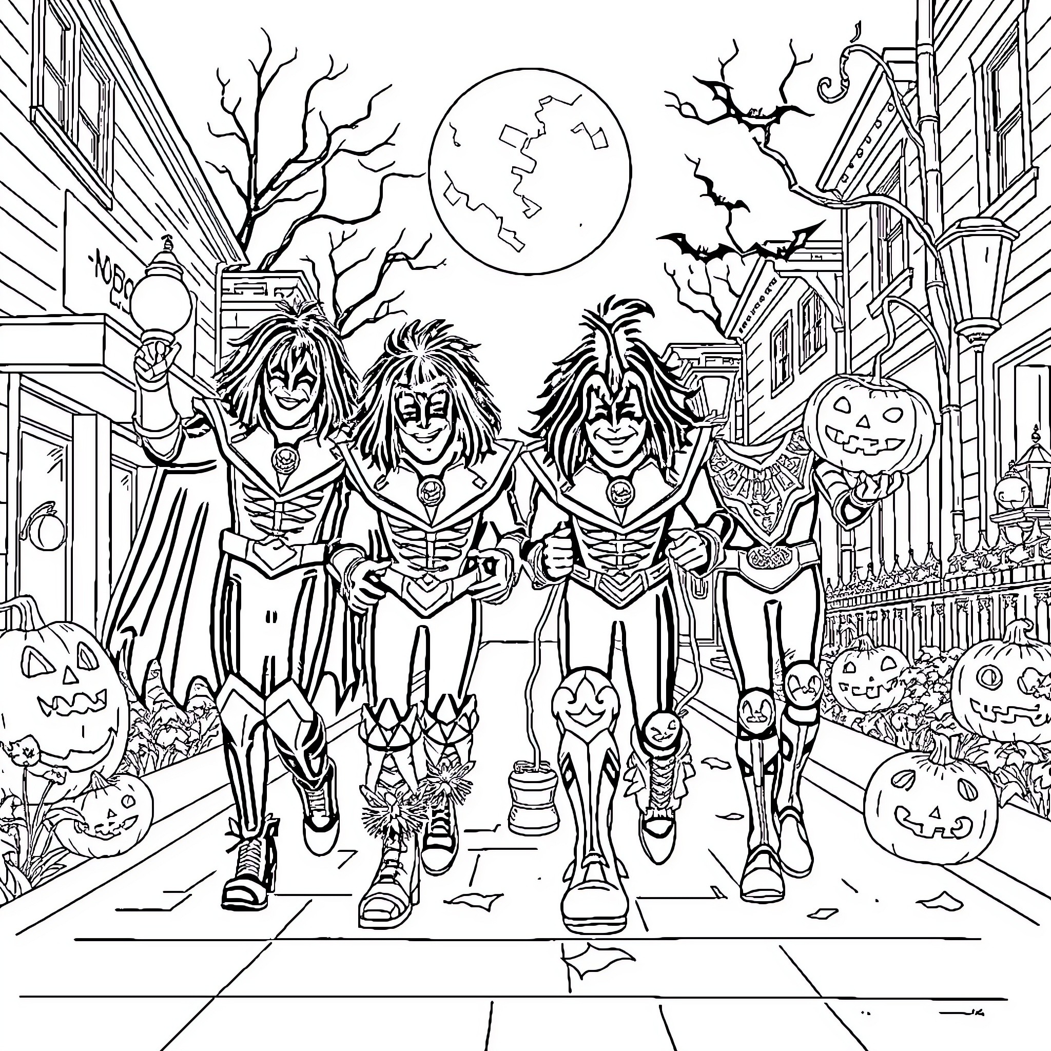 Kiss of the Halloween Ghouls Coloring Page (free black-and-white line drawing printable PDF for all, from beginners to advanced learners, including children, teens, adults, and seniors)