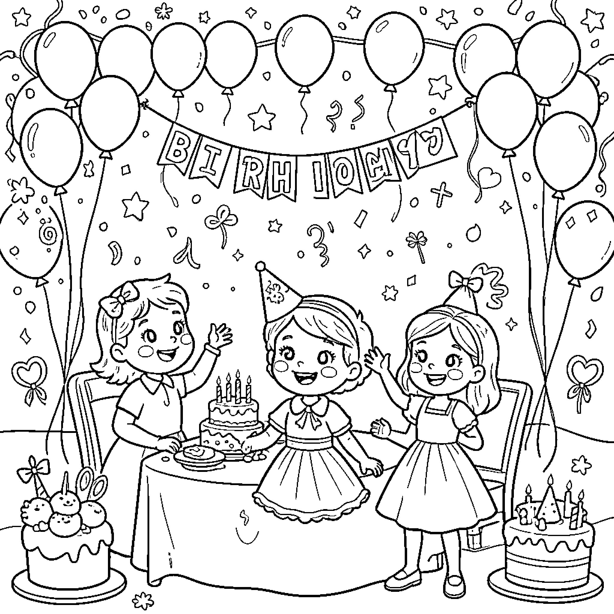 Birthday Decoration with Children Celebrating Coloring Page (free black-and-white line drawing printable PDF for all, from beginners to advanced learners, including children, teens, adults, and seniors)