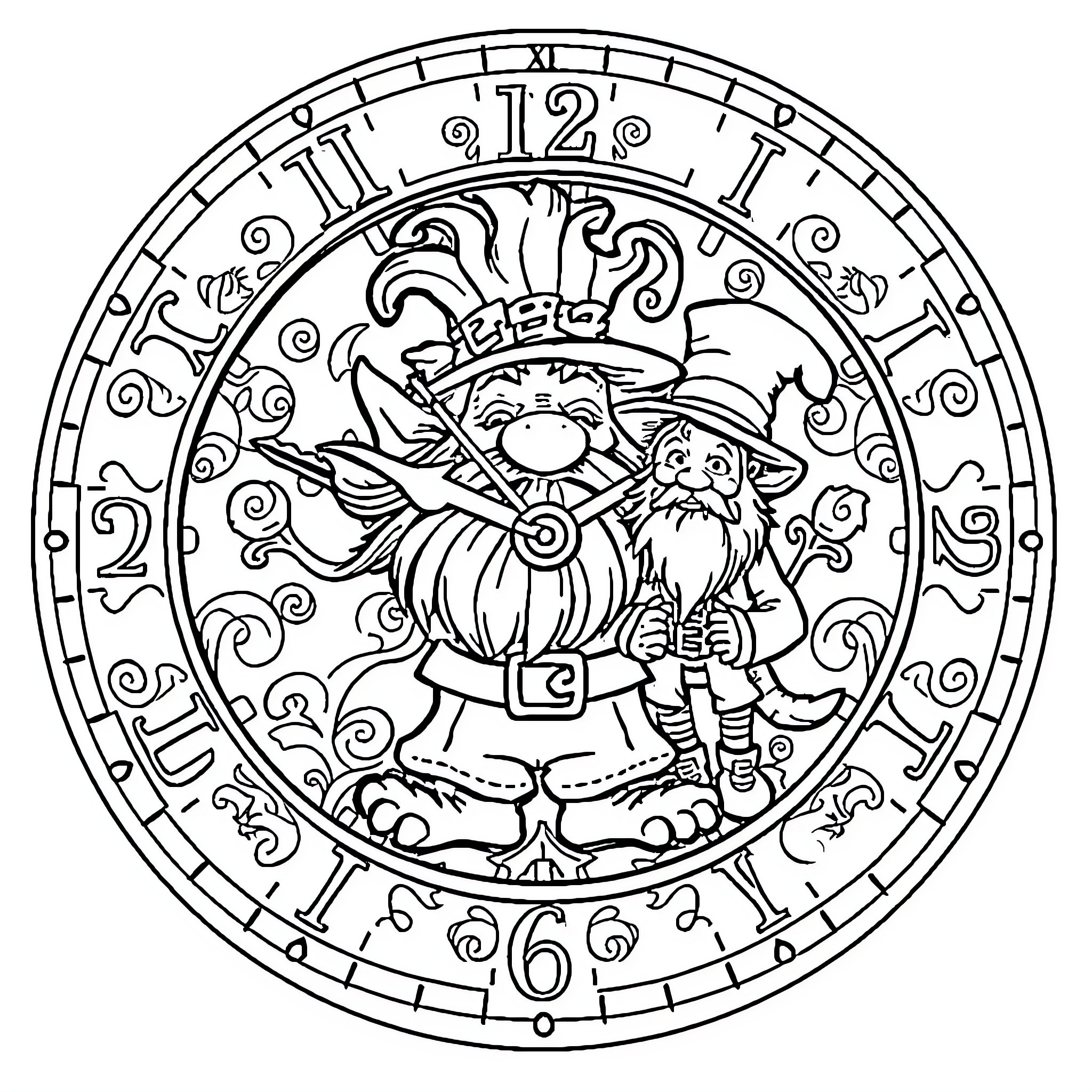 Troll characters in ornate clock design Coloring Page (free black-and-white line drawing printable PDF for all, from beginners to advanced learners, including children, teens, adults, and seniors)