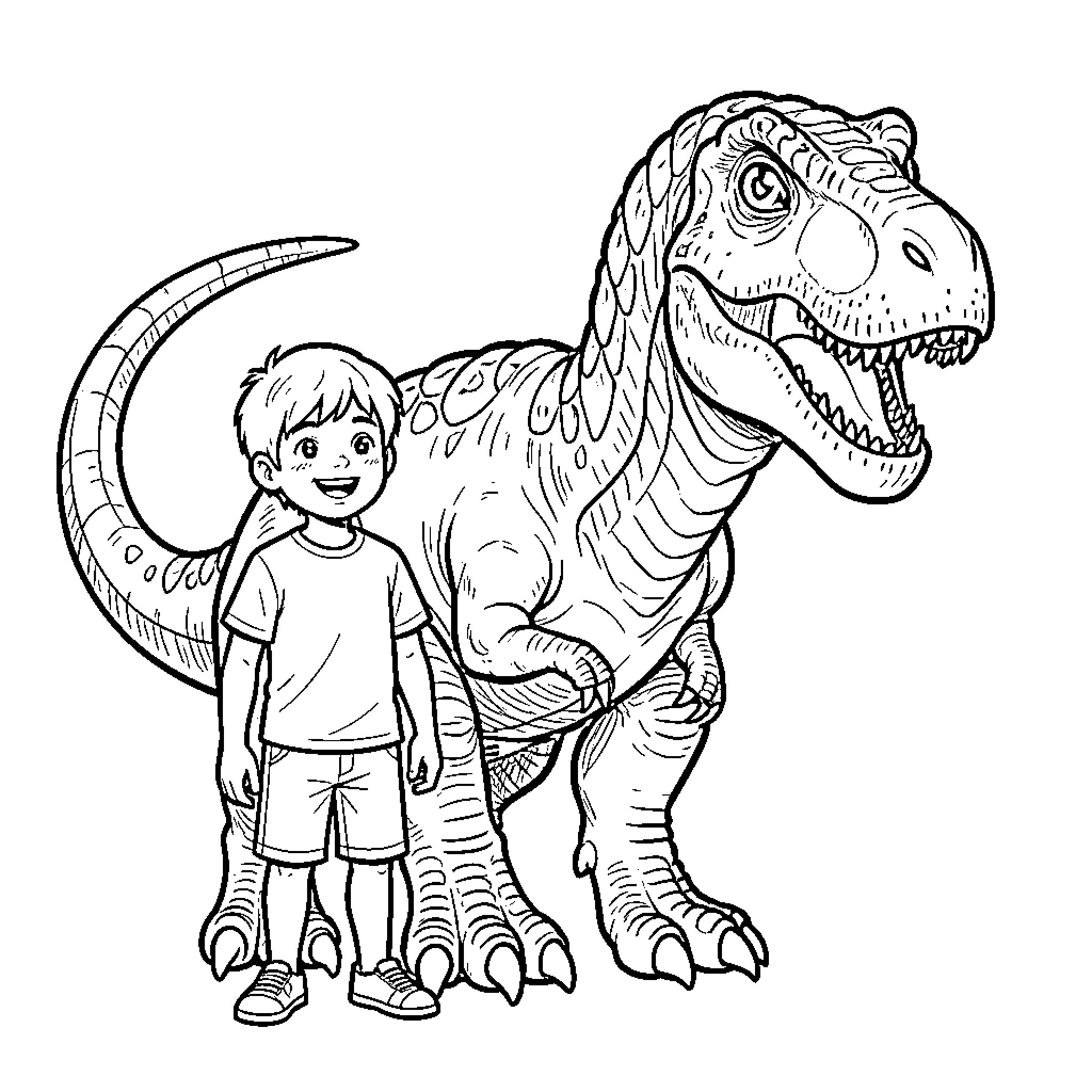T-Rex and boy exploring adventure Coloring Page (free black-and-white line drawing printable PDF for all, from beginners to advanced learners, including children, teens, adults, and seniors)