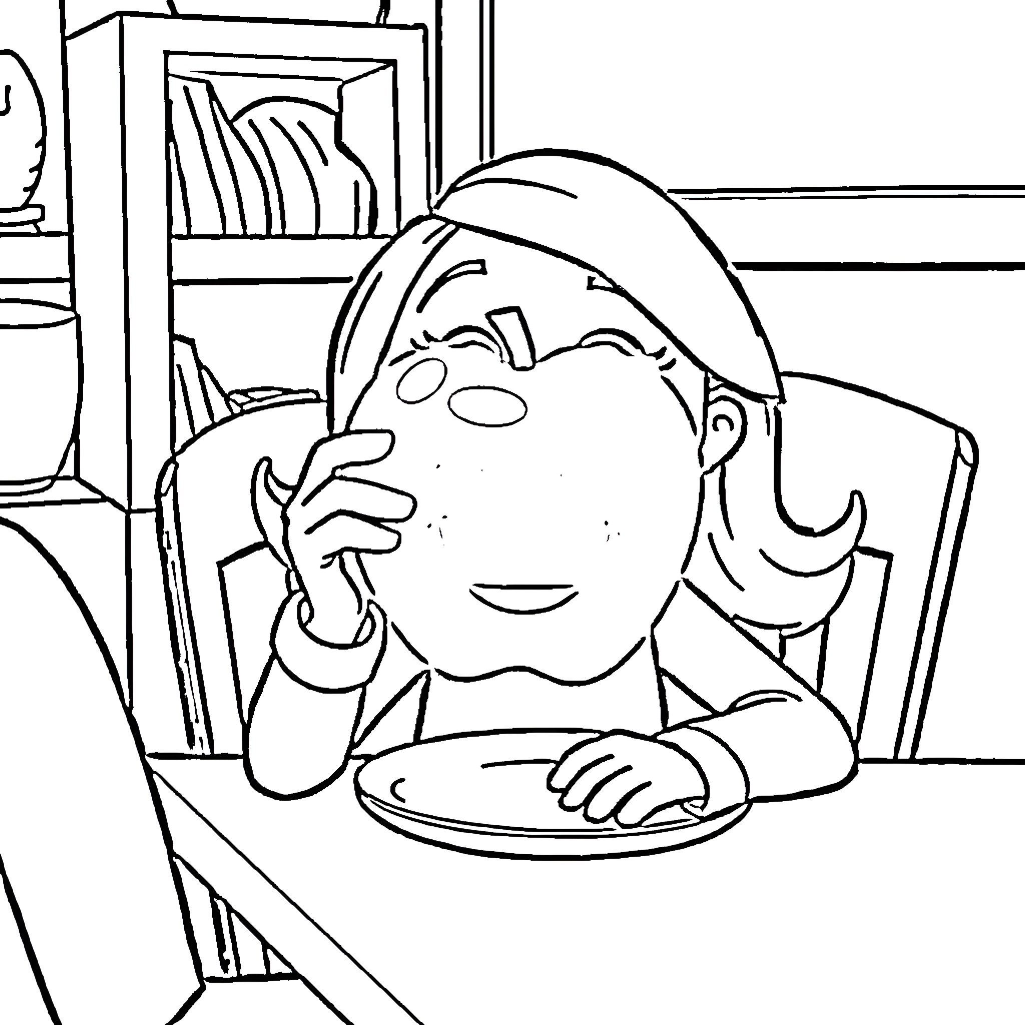 Kim Possible enjoying a meal at home Coloring Page (free black-and-white line drawing printable PDF for all, from beginners to advanced learners, including children, teens, adults, and seniors)