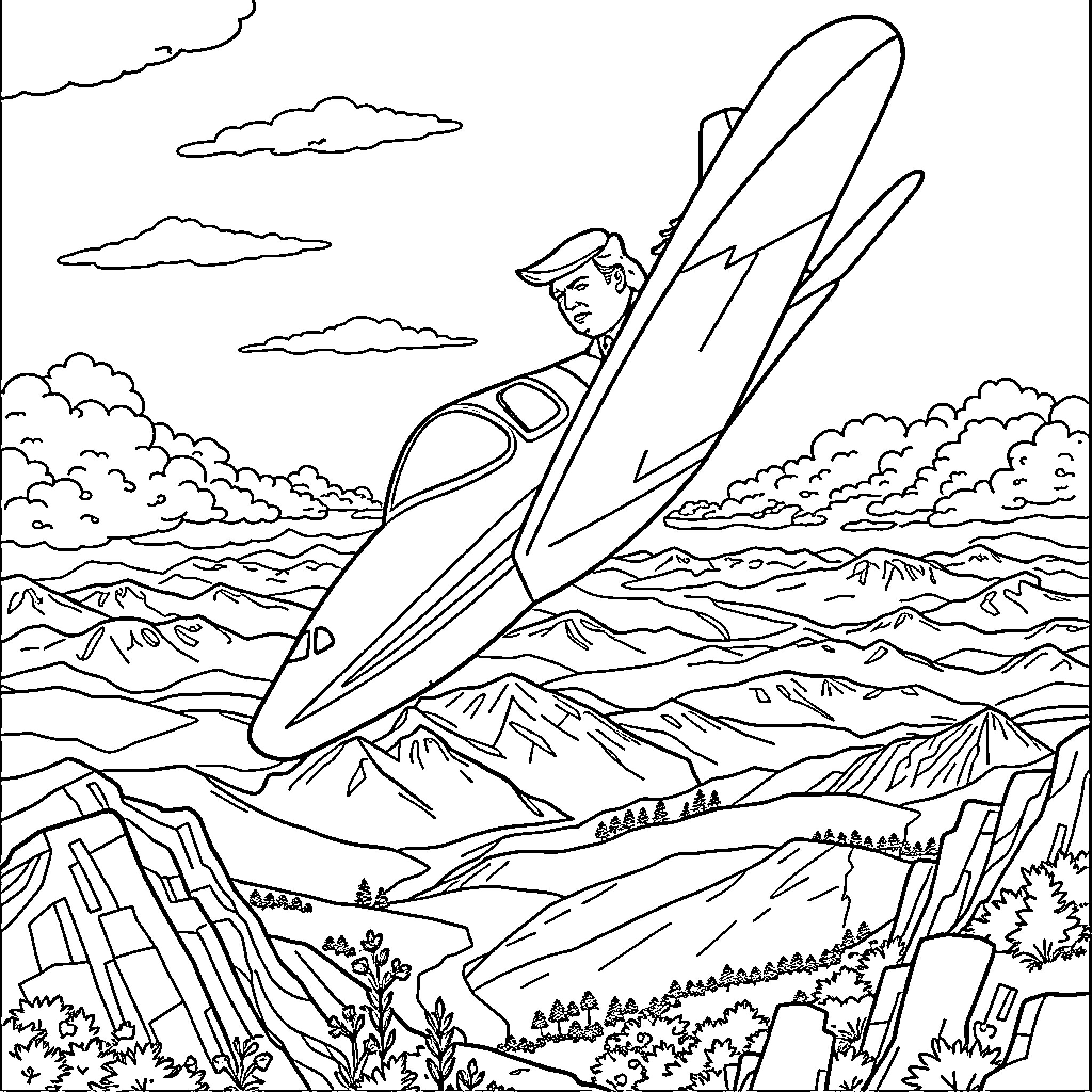 Trump flying in a jet over mountainous landscape Coloring Page (free black-and-white line drawing printable PDF for all, from beginners to advanced learners, including children, teens, adults, and seniors)