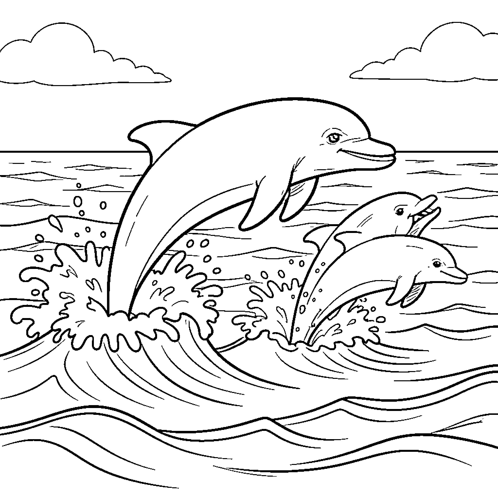 Dolphin jumping through ocean waves with others Coloring Page (free black-and-white line drawing printable PDF for all, from beginners to advanced learners, including children, teens, adults, and seniors)