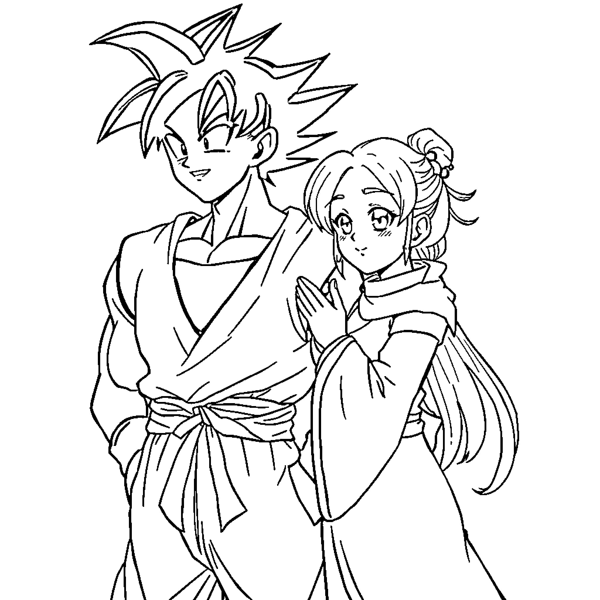 Son Goku and companion in traditional Japanese outfits Coloring Page (free black-and-white line drawing printable PDF for all, from beginners to advanced learners, including children, teens, adults, and seniors)