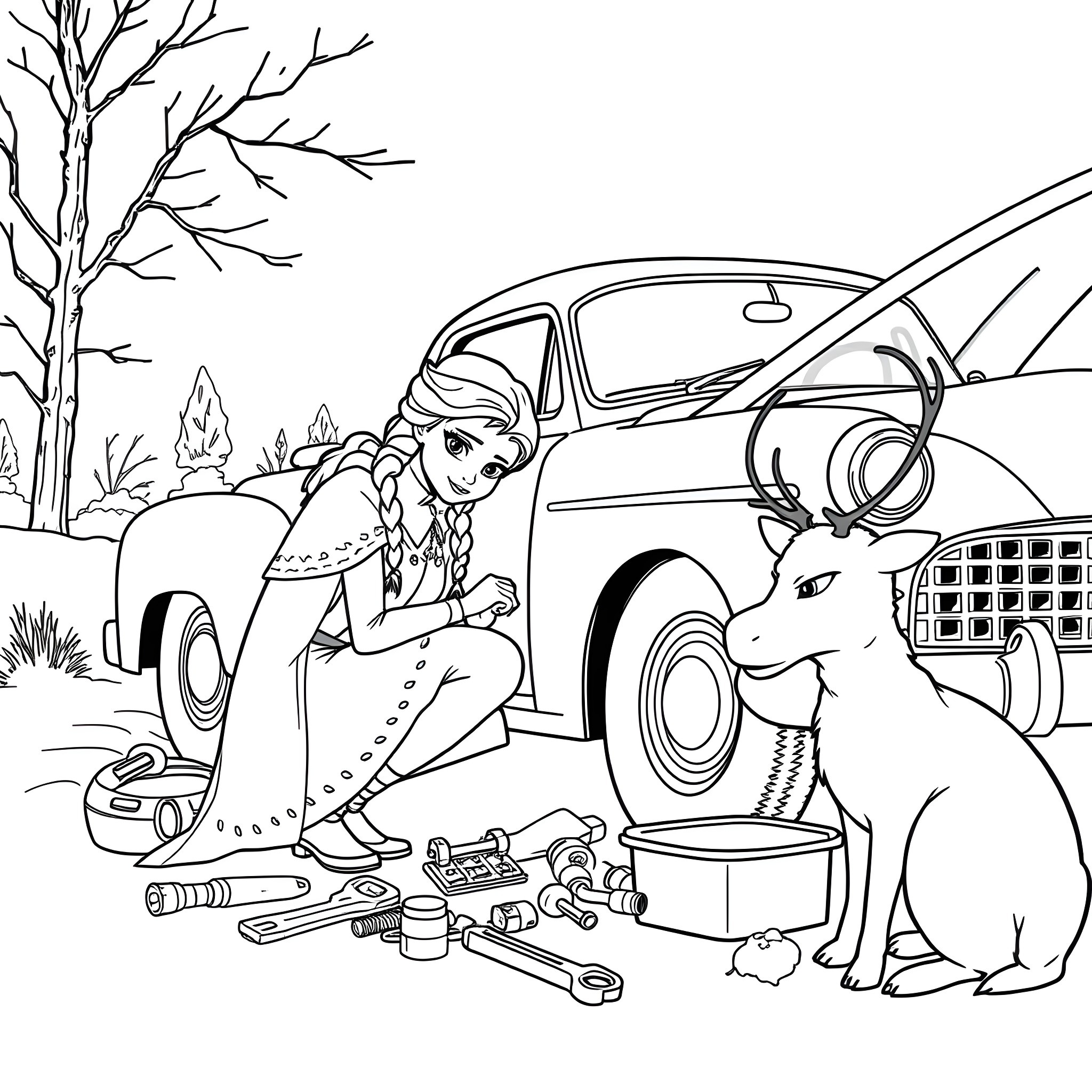 Elsa fixing her car with a friendly reindeer Coloring Page (free black-and-white line drawing printable PDF for all, from beginners to advanced learners, including children, teens, adults, and seniors)