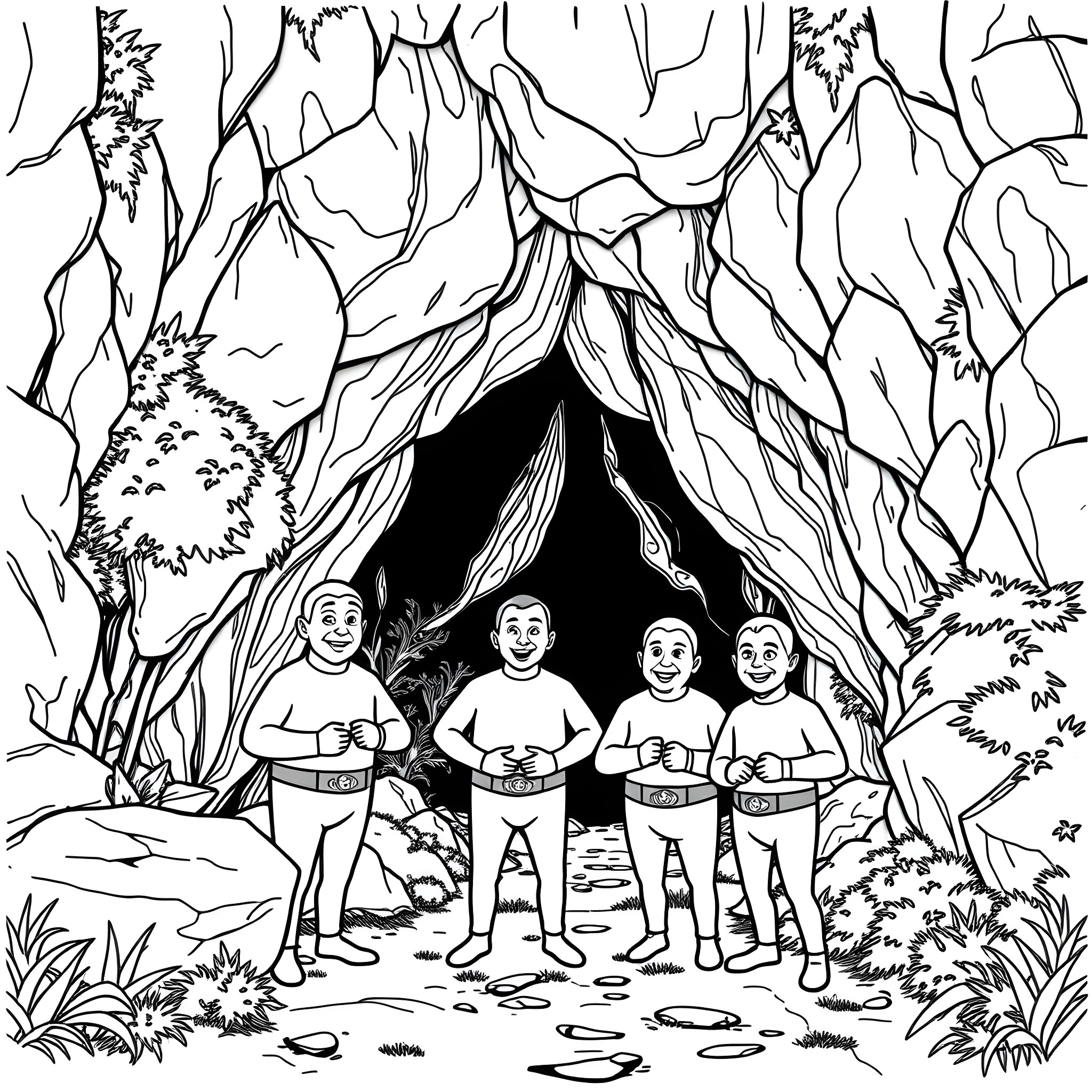 Wiggles having fun in the forest cave Coloring Page (free black-and-white line drawing printable PDF for all, from beginners to advanced learners, including children, teens, adults, and seniors)