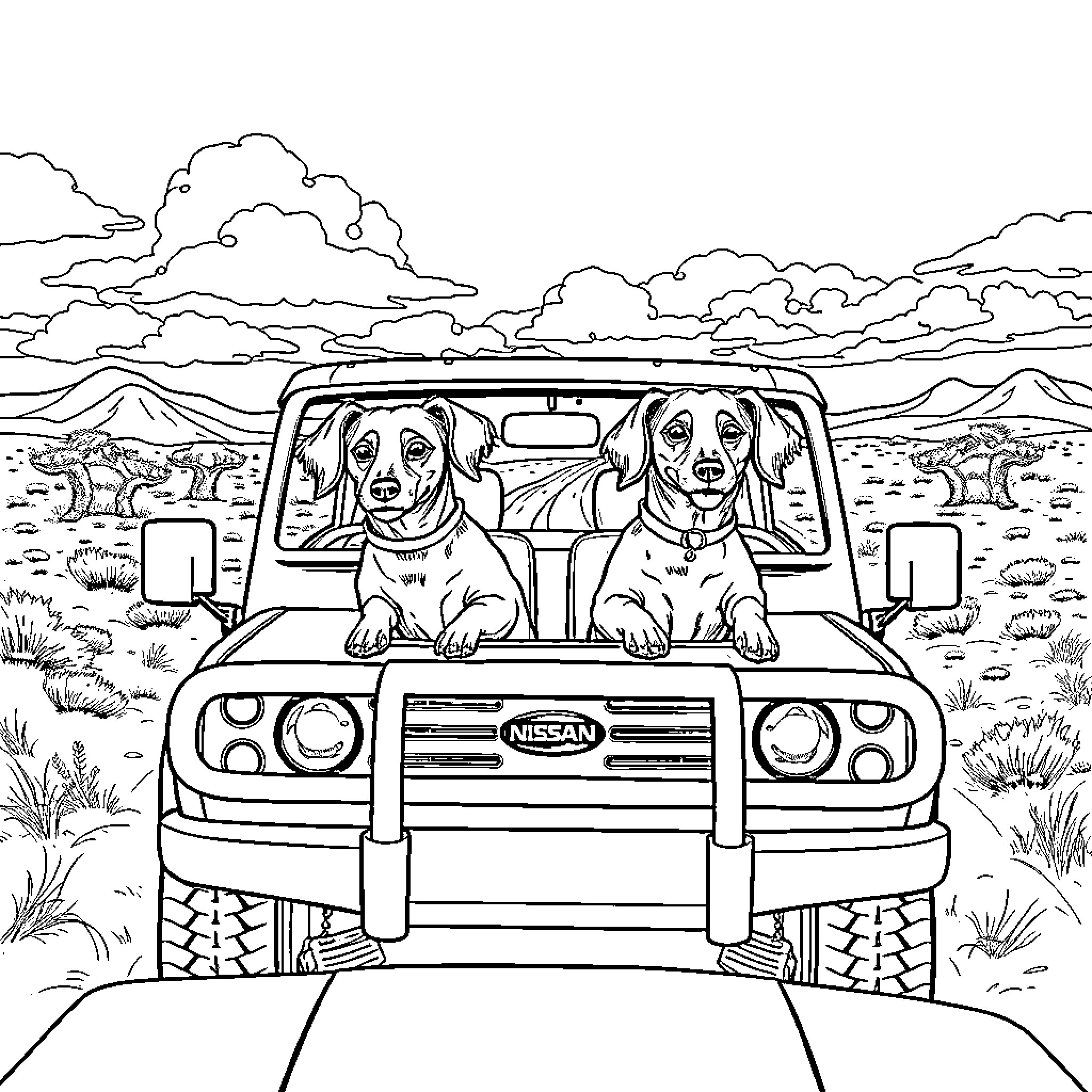 Nissan Patrol SUV carrying two happy dogs on an outdoor adventure Coloring Page (free black-and-white line drawing printable PDF for all, from beginners to advanced learners, including children, teens, adults, and seniors)