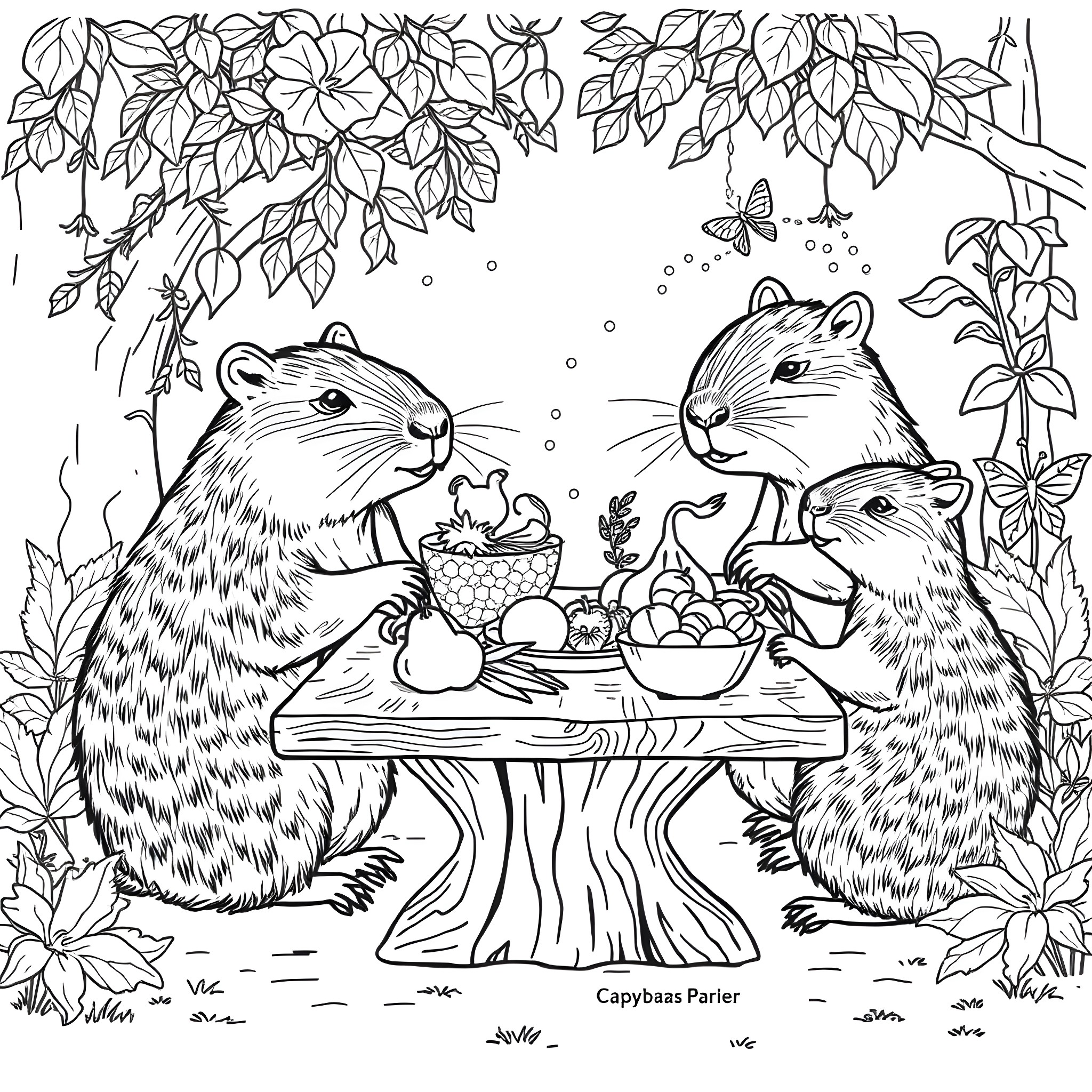 Capybara family enjoying a picnic in the forest Coloring Page (free black-and-white line drawing printable PDF for all, from beginners to advanced learners, including children, teens, adults, and seniors)