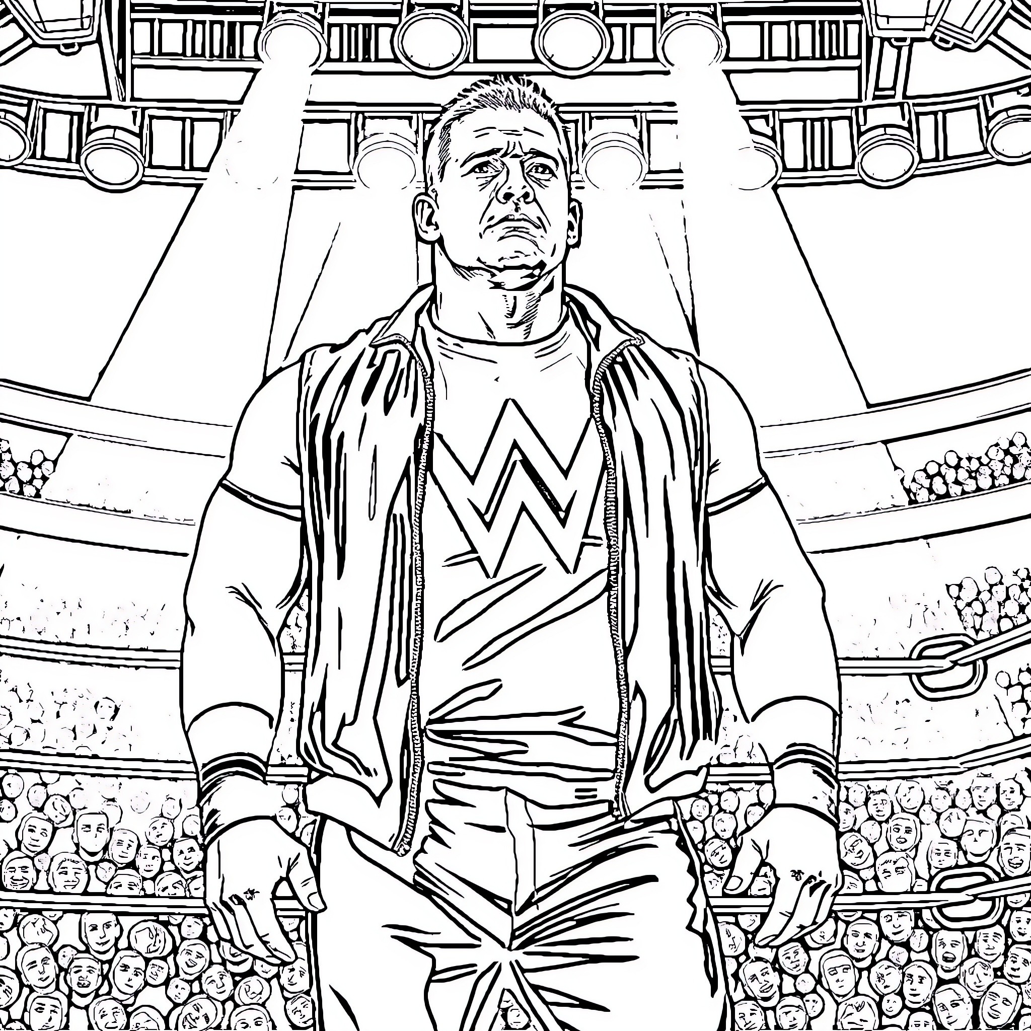 John Cena's Heroic Entrance to the Packed Wrestling Arena Coloring Page (free black-and-white line drawing printable PDF for all, from beginners to advanced learners, including children, teens, adults, and seniors)