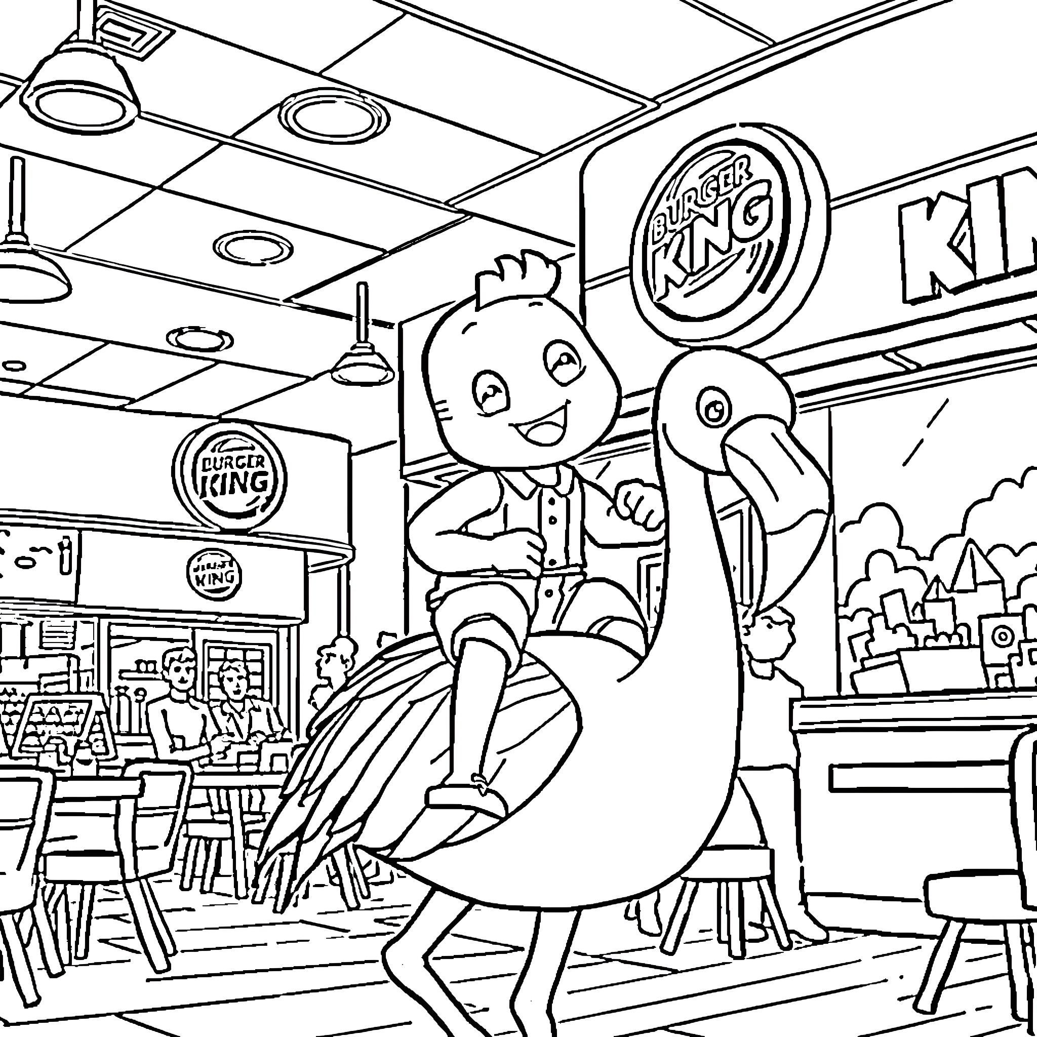 Bluey enjoying a fun day at the Burger King Coloring Page (free black-and-white line drawing printable PDF for all, from beginners to advanced learners, including children, teens, adults, and seniors)