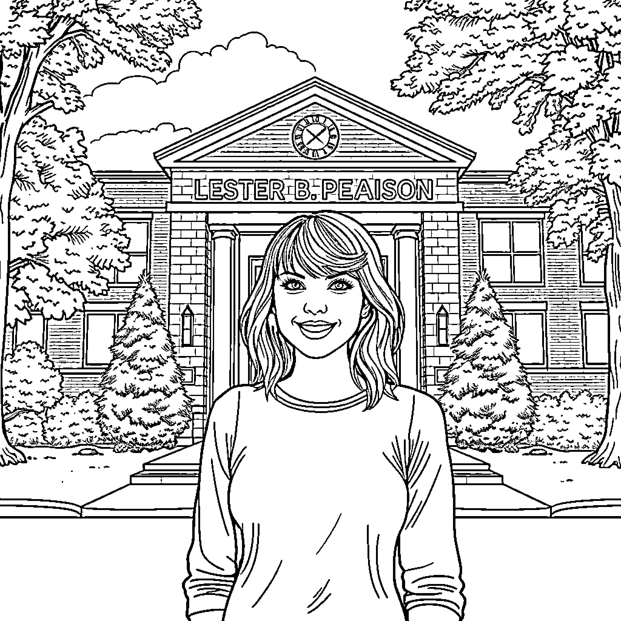 Taylor Swift posing in front of a school building Coloring Page (free black-and-white line drawing printable PDF for all, from beginners to advanced learners, including children, teens, adults, and seniors)