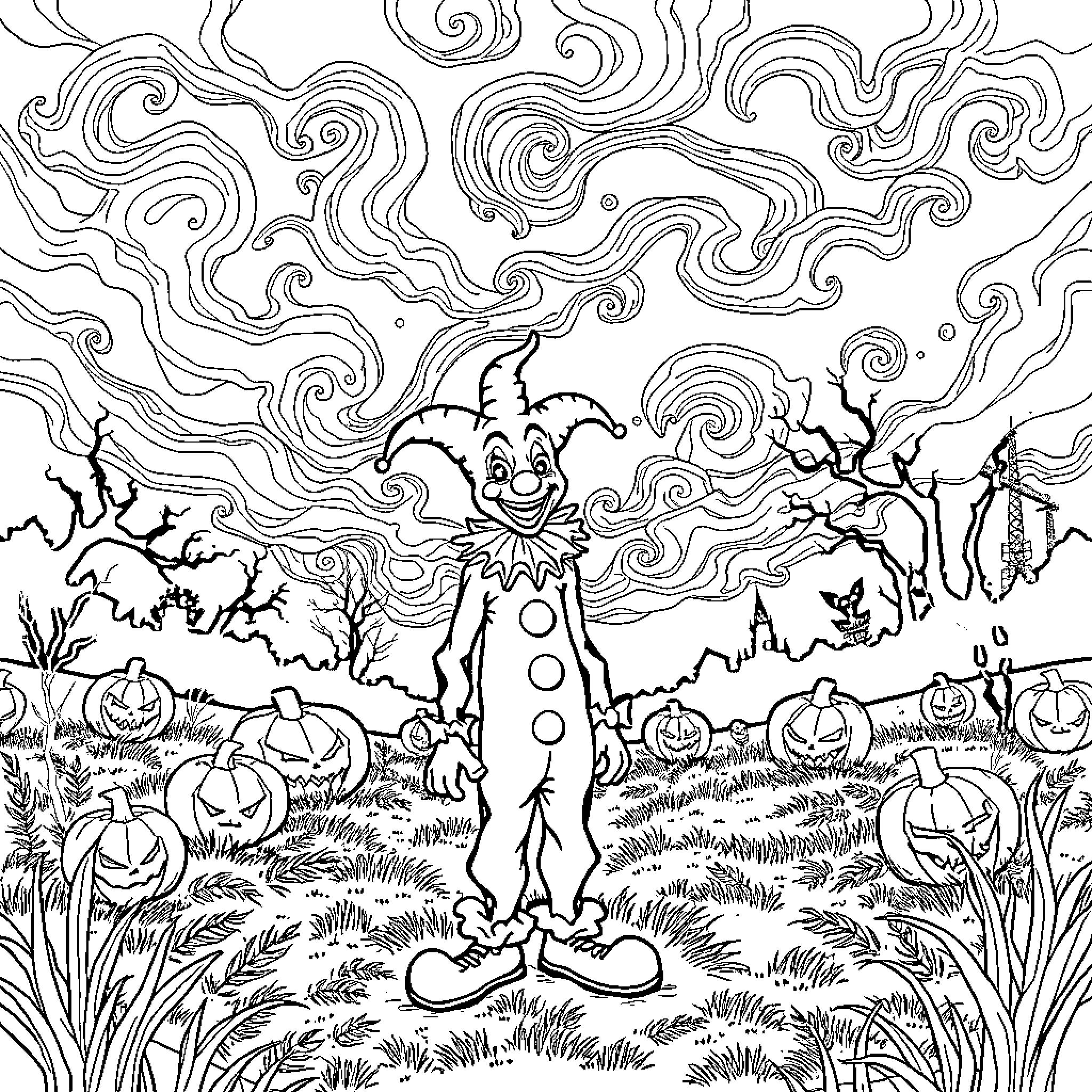 Clown amidst spooky Halloween scene Coloring Page (free black-and-white line drawing printable PDF for all, from beginners to advanced learners, including children, teens, adults, and seniors)