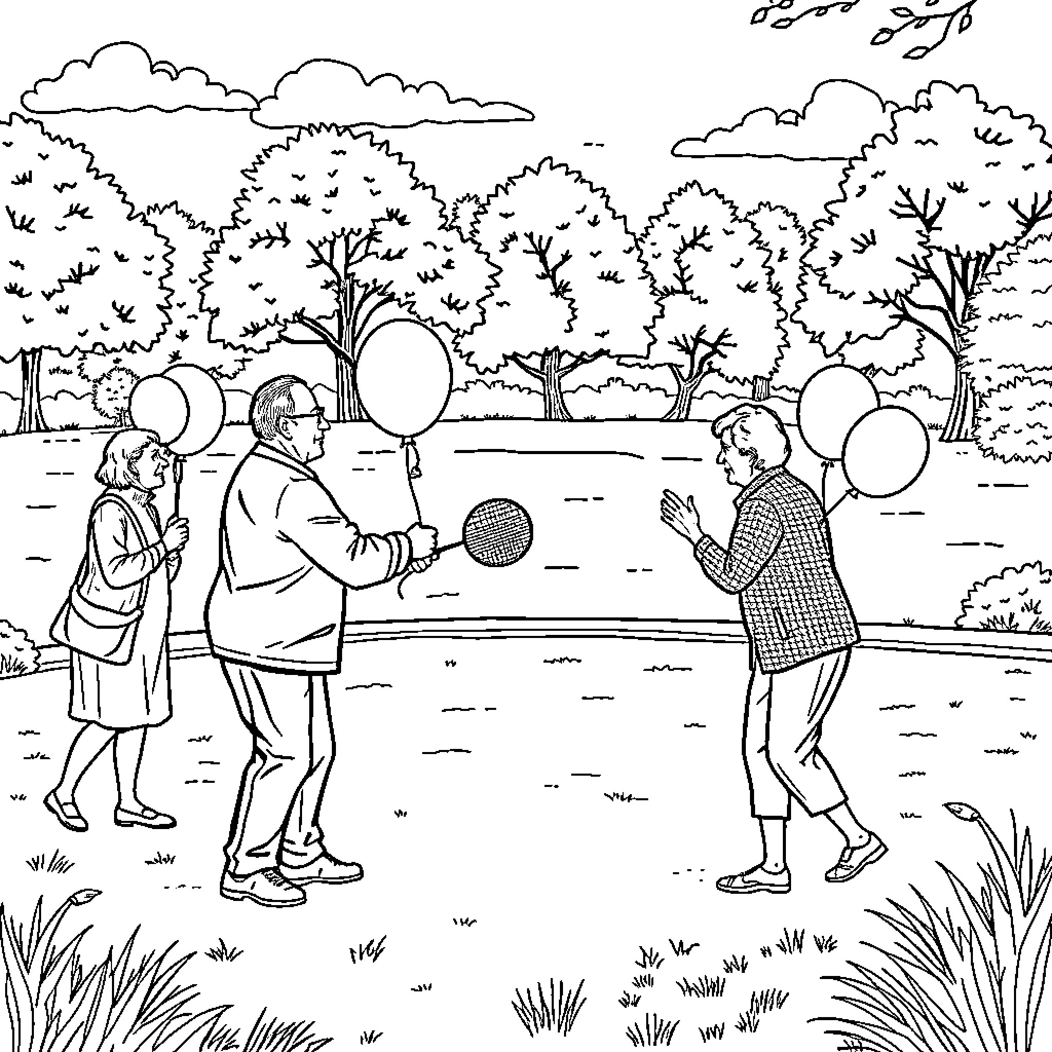 Senior Citizens Playing Ball in the Park Coloring Page (free black-and-white line drawing printable PDF for all, from beginners to advanced learners, including children, teens, adults, and seniors)