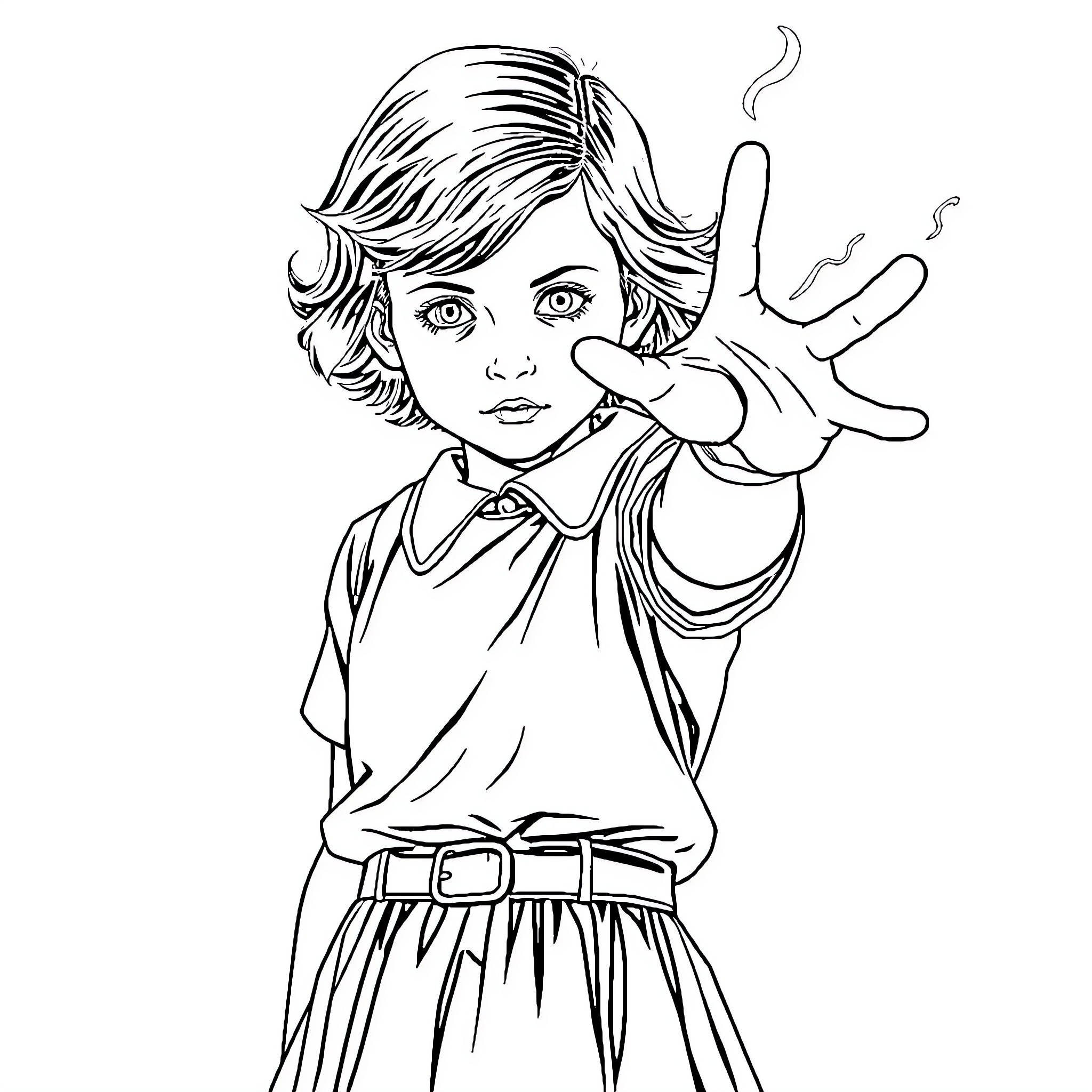 Eleven's Defiant Gesture Coloring Page (free black-and-white line drawing printable PDF for all, from beginners to advanced learners, including children, teens, adults, and seniors)