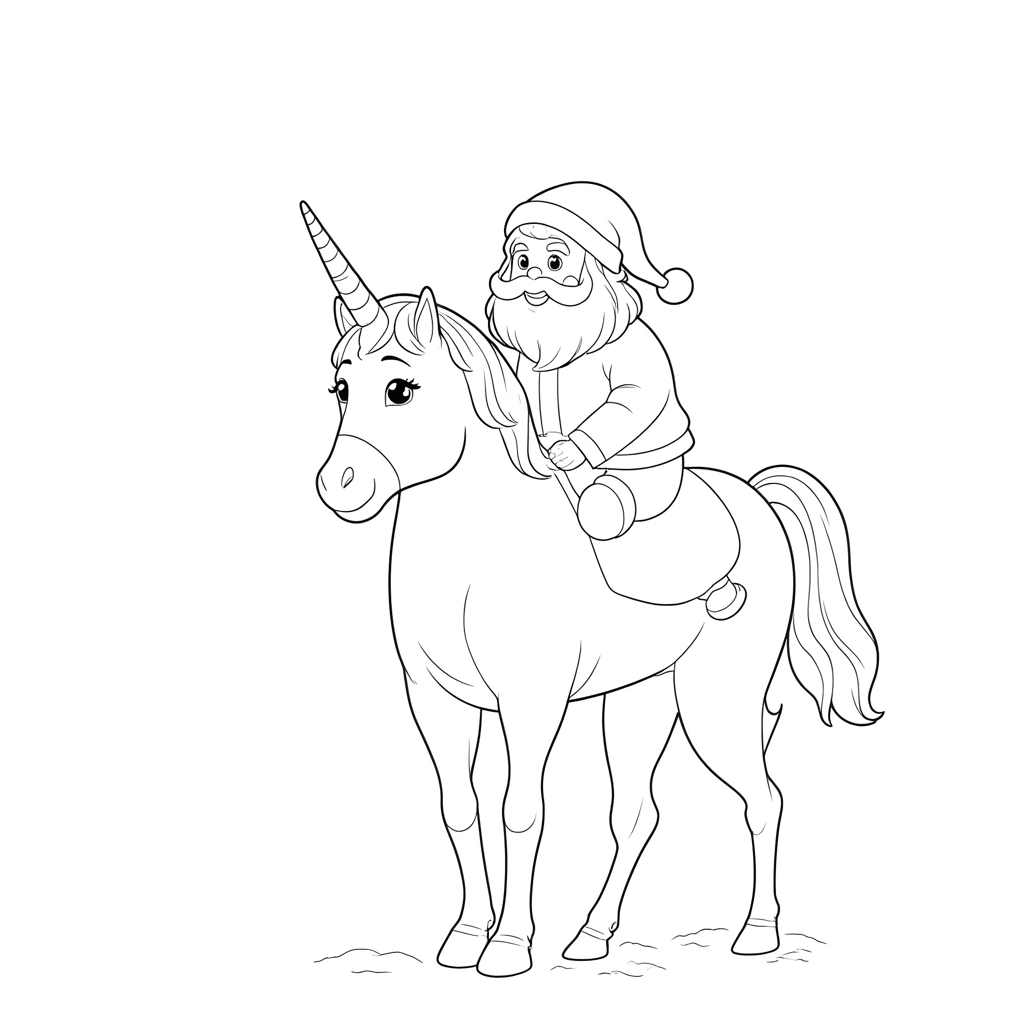 Santa riding a unicorn in a whimsical scene Coloring Page (free black-and-white line drawing printable PDF for all, from beginners to advanced learners, including children, teens, adults, and seniors)