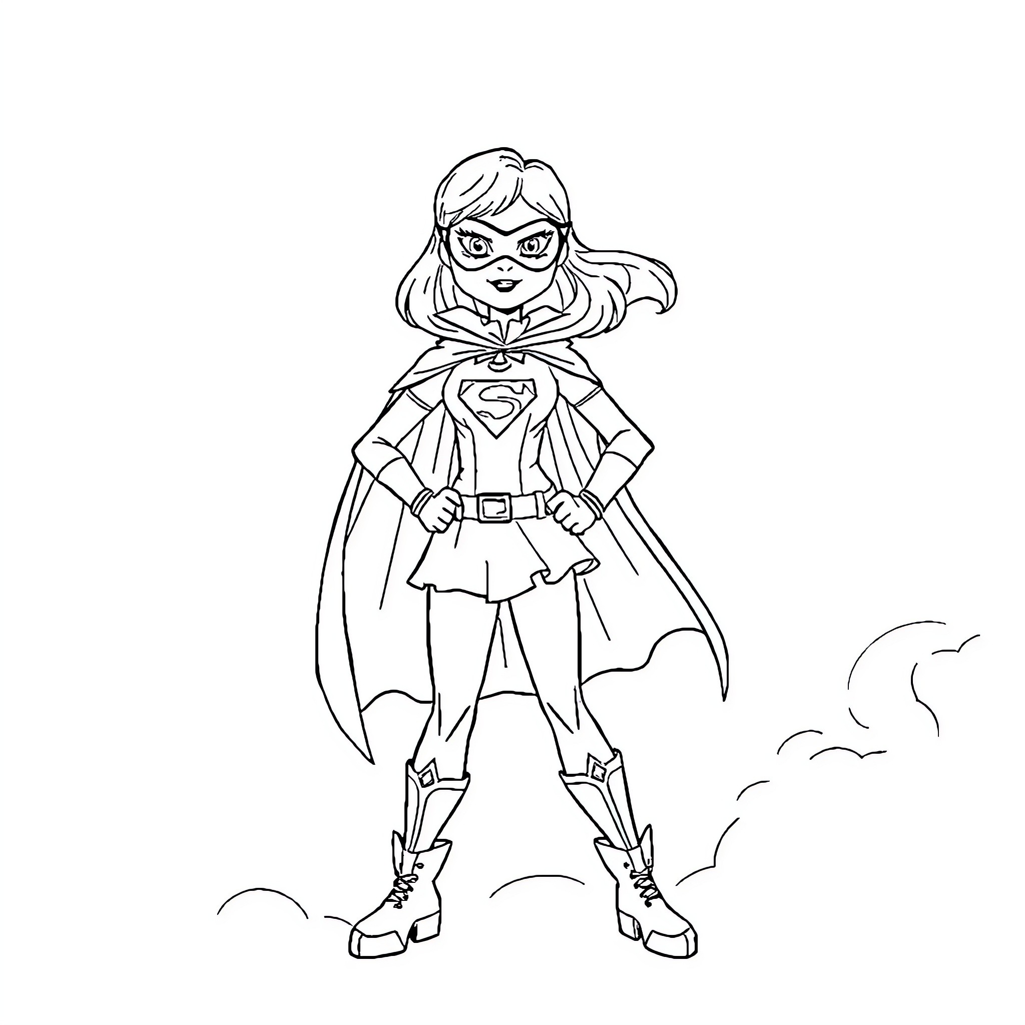 Supergirl in heroic pose with cape and emblem Coloring Page (free black-and-white line drawing printable PDF for all, from beginners to advanced learners, including children, teens, adults, and seniors)