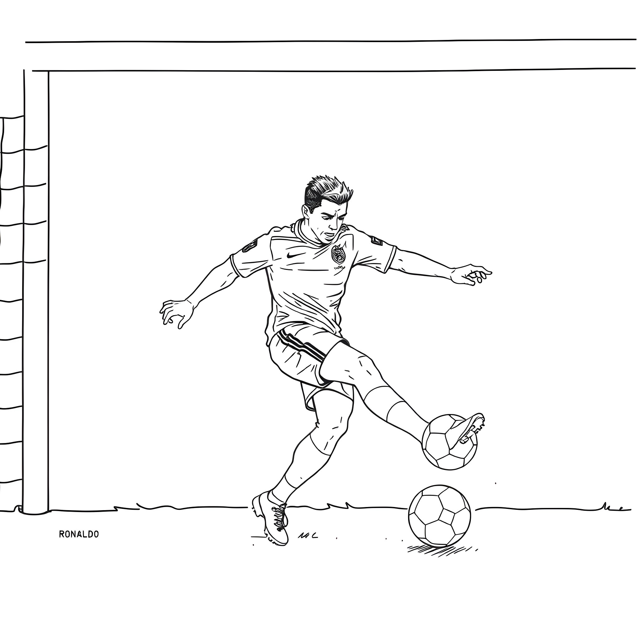 Ronaldo kicking a soccer ball in a game Coloring Page (free black-and-white line drawing printable PDF for all, from beginners to advanced learners, including children, teens, adults, and seniors)